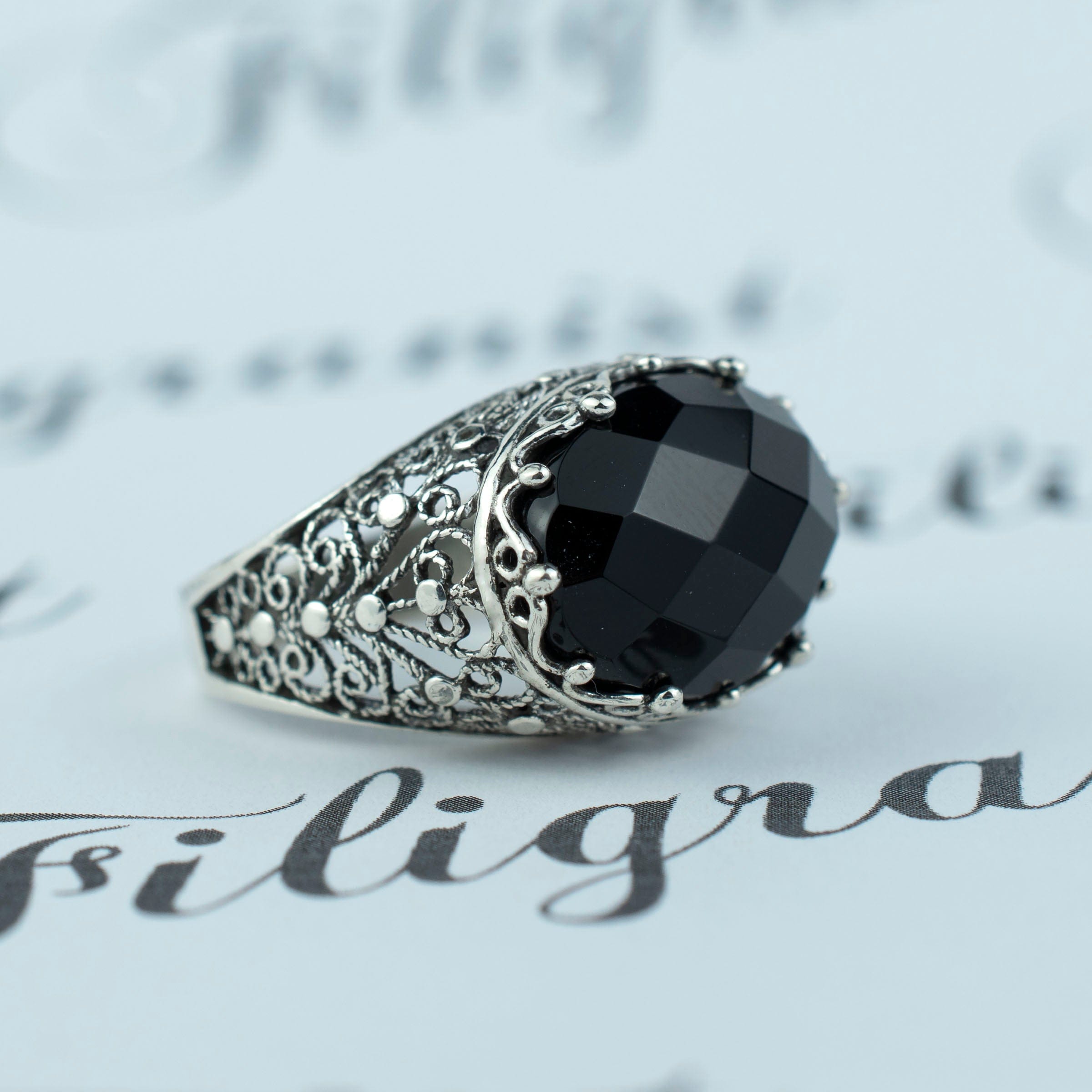 Filigree Art Black Onyx Gemstone Women Silver Dome Statement Ring