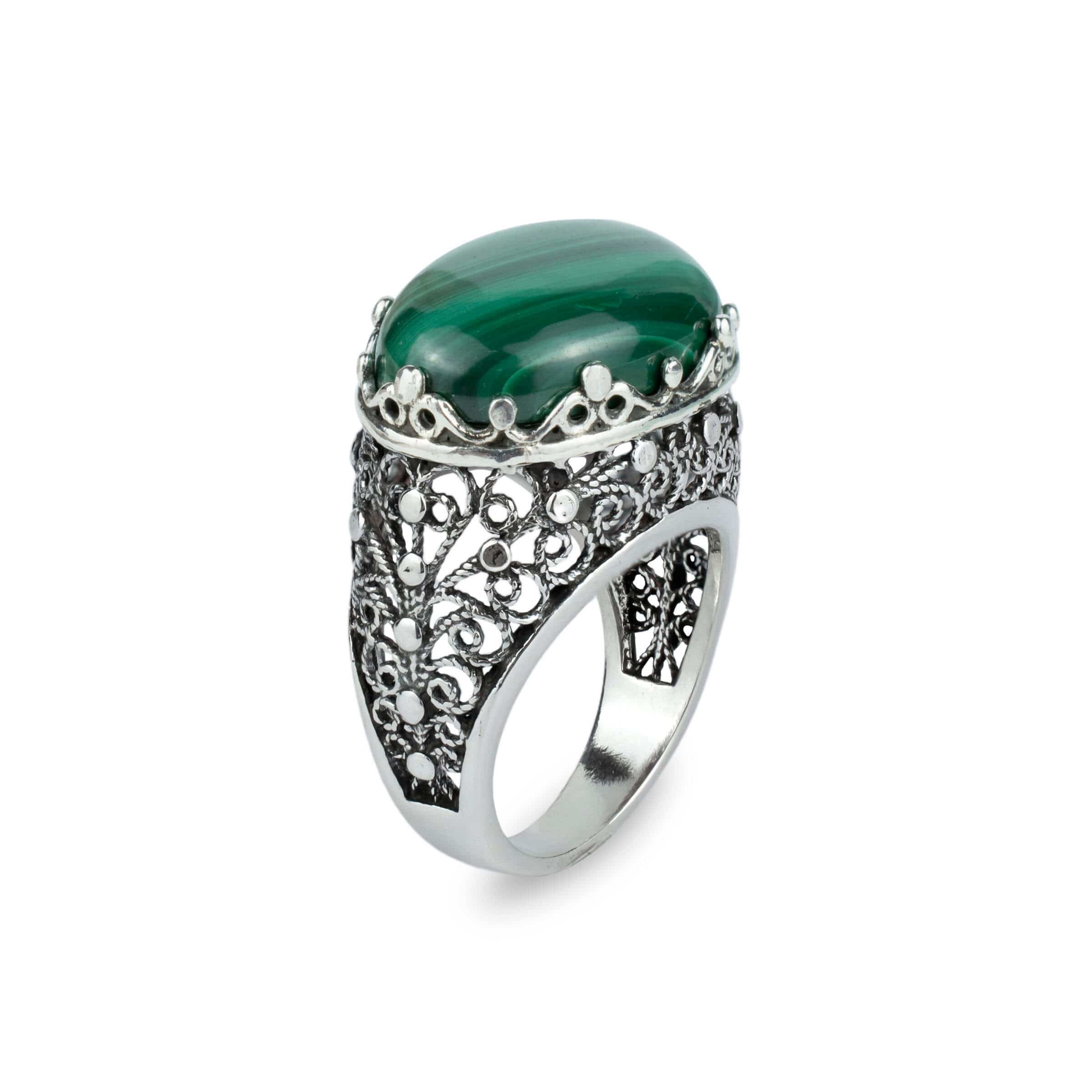 Filigree Art Malachite Gemstone Women Silver Dome Statement Ring