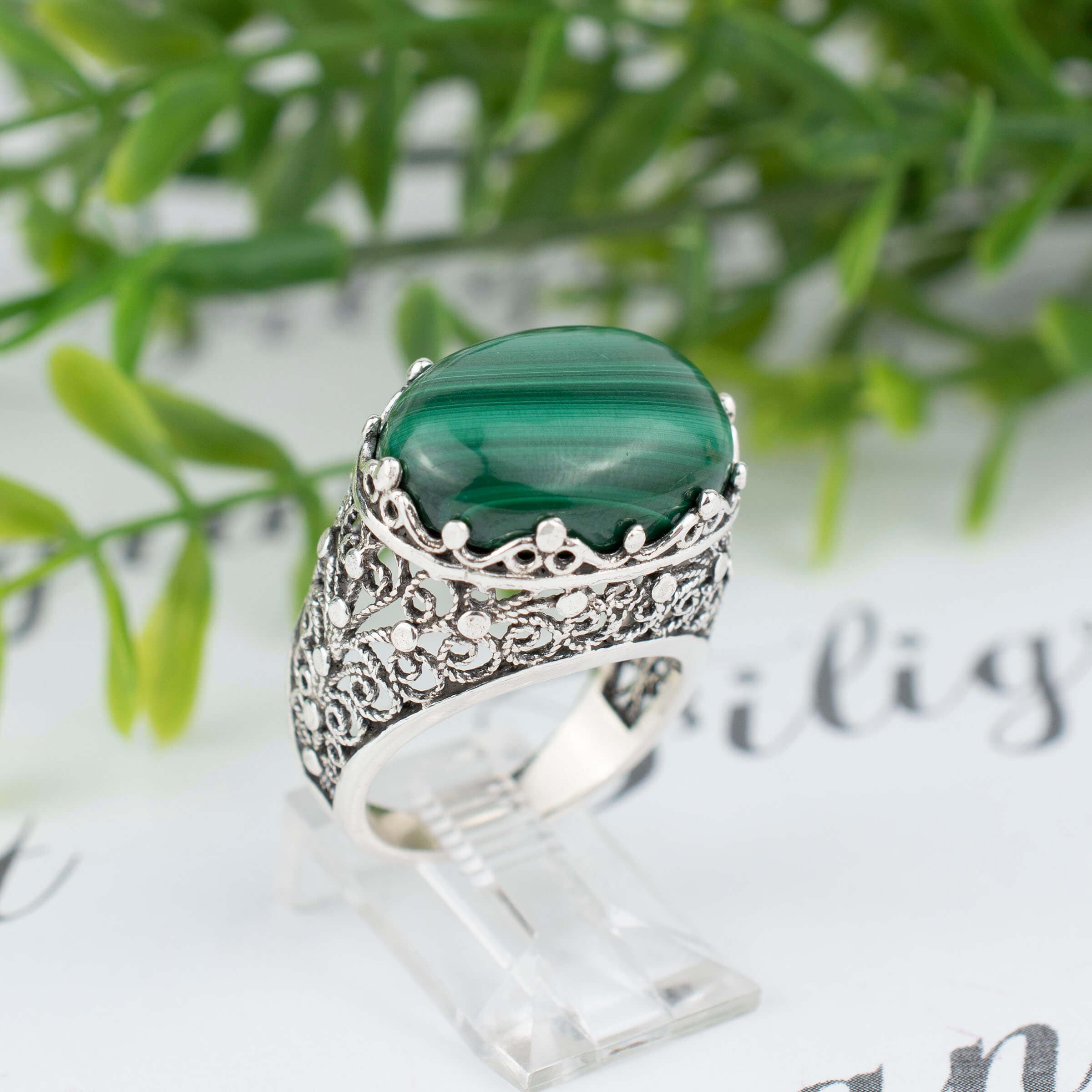 Filigree Art Malachite Gemstone Women Silver Dome Statement Ring