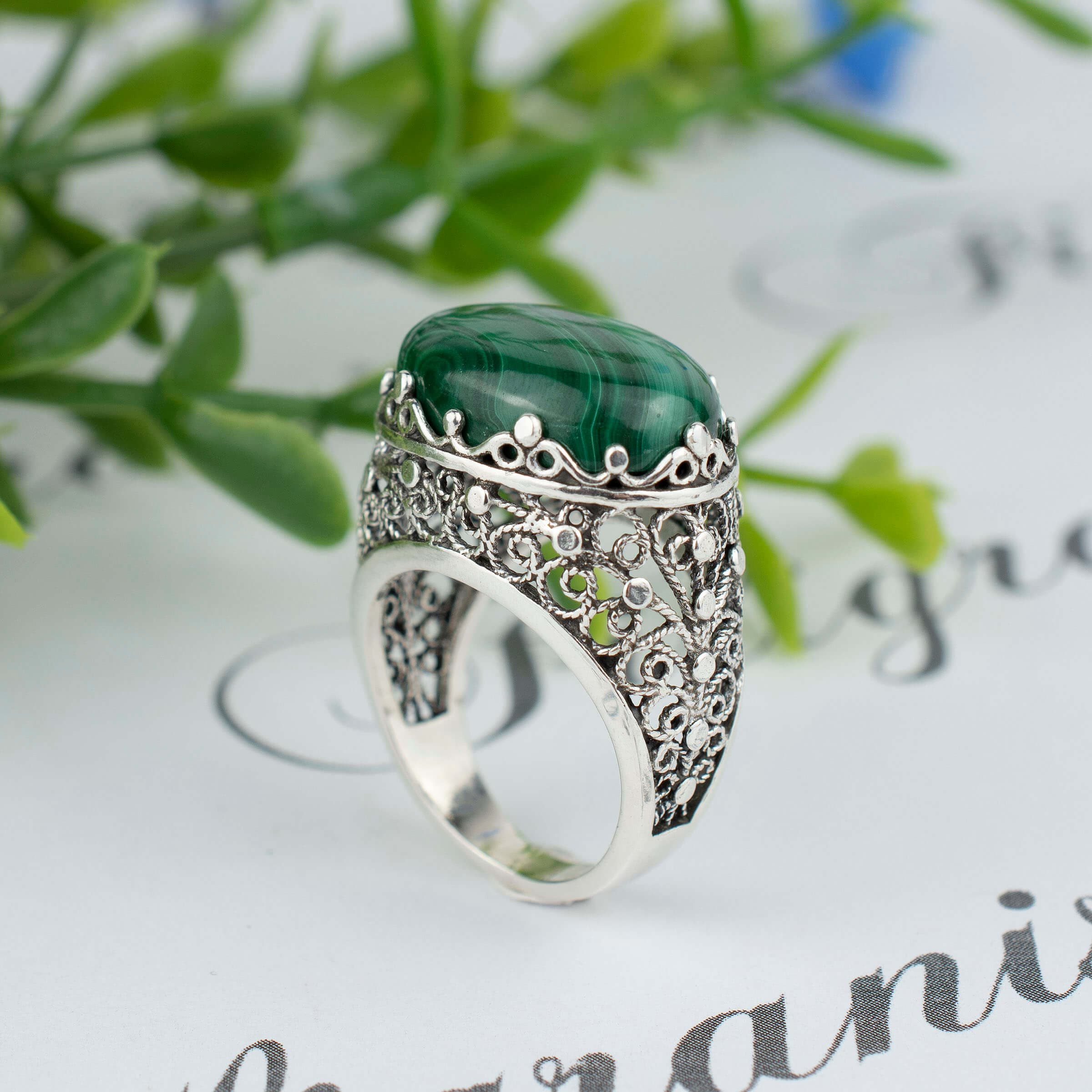 Filigree Art Malachite Gemstone Women Silver Dome Statement Ring