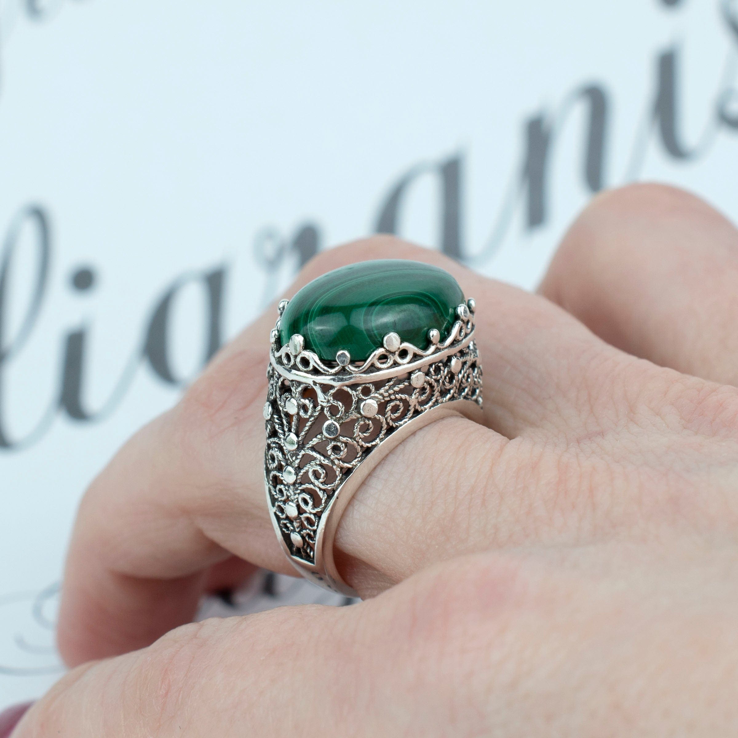 Filigree Art Malachite Gemstone Women Silver Dome Statement Ring