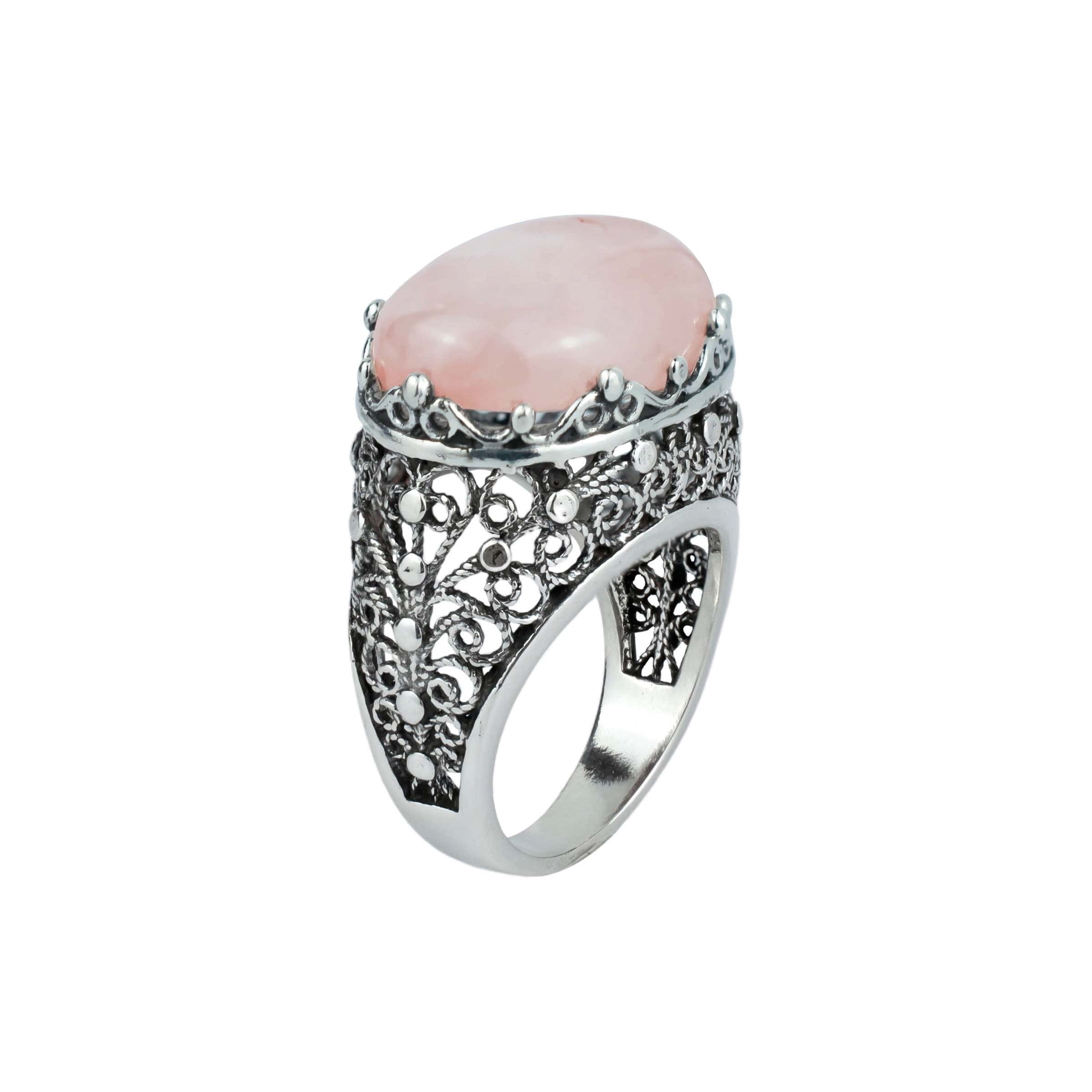 Filigree Art Rose Quartz Gemstone Women Silver Dome Statement Ring