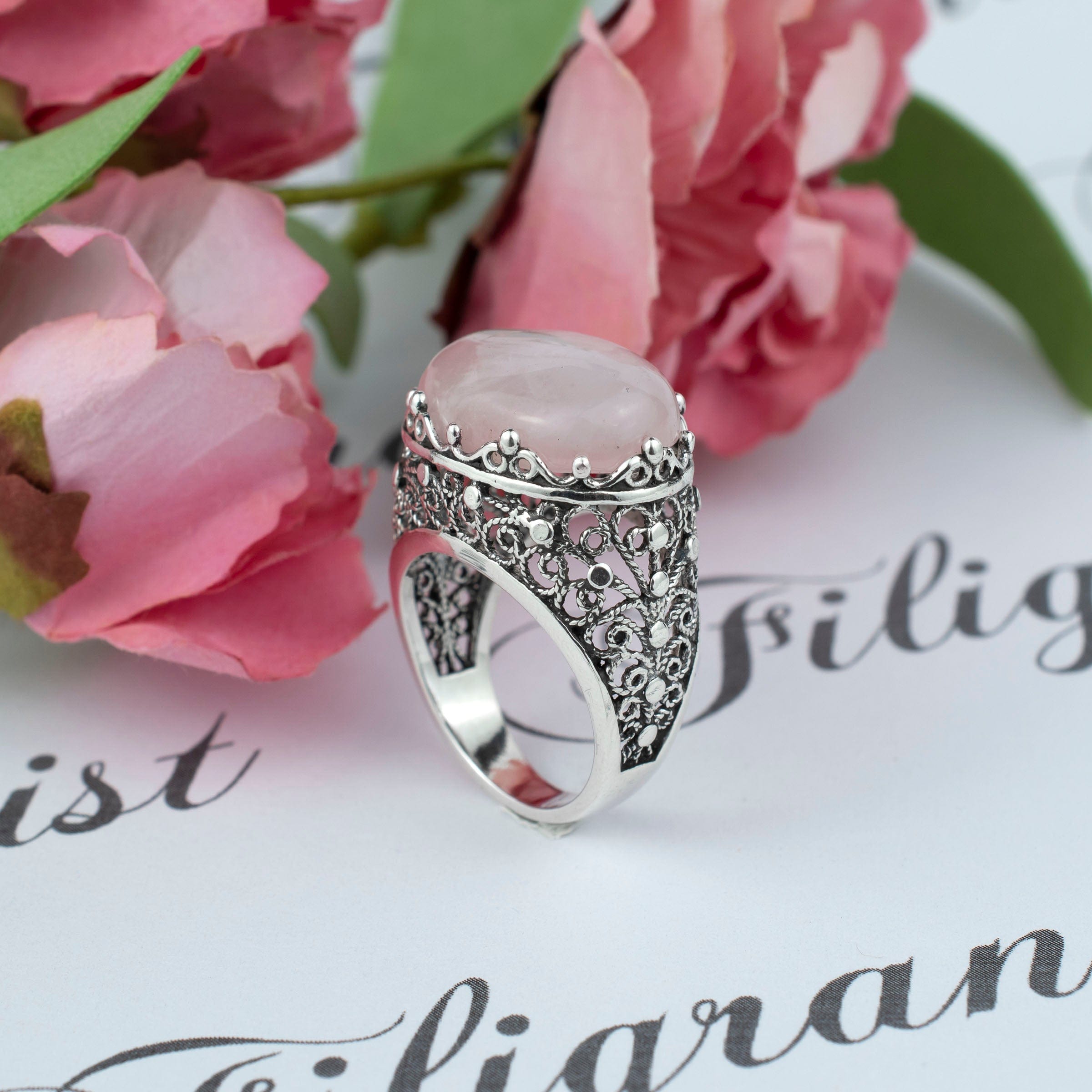 Filigree Art Rose Quartz Gemstone Women Silver Dome Statement Ring