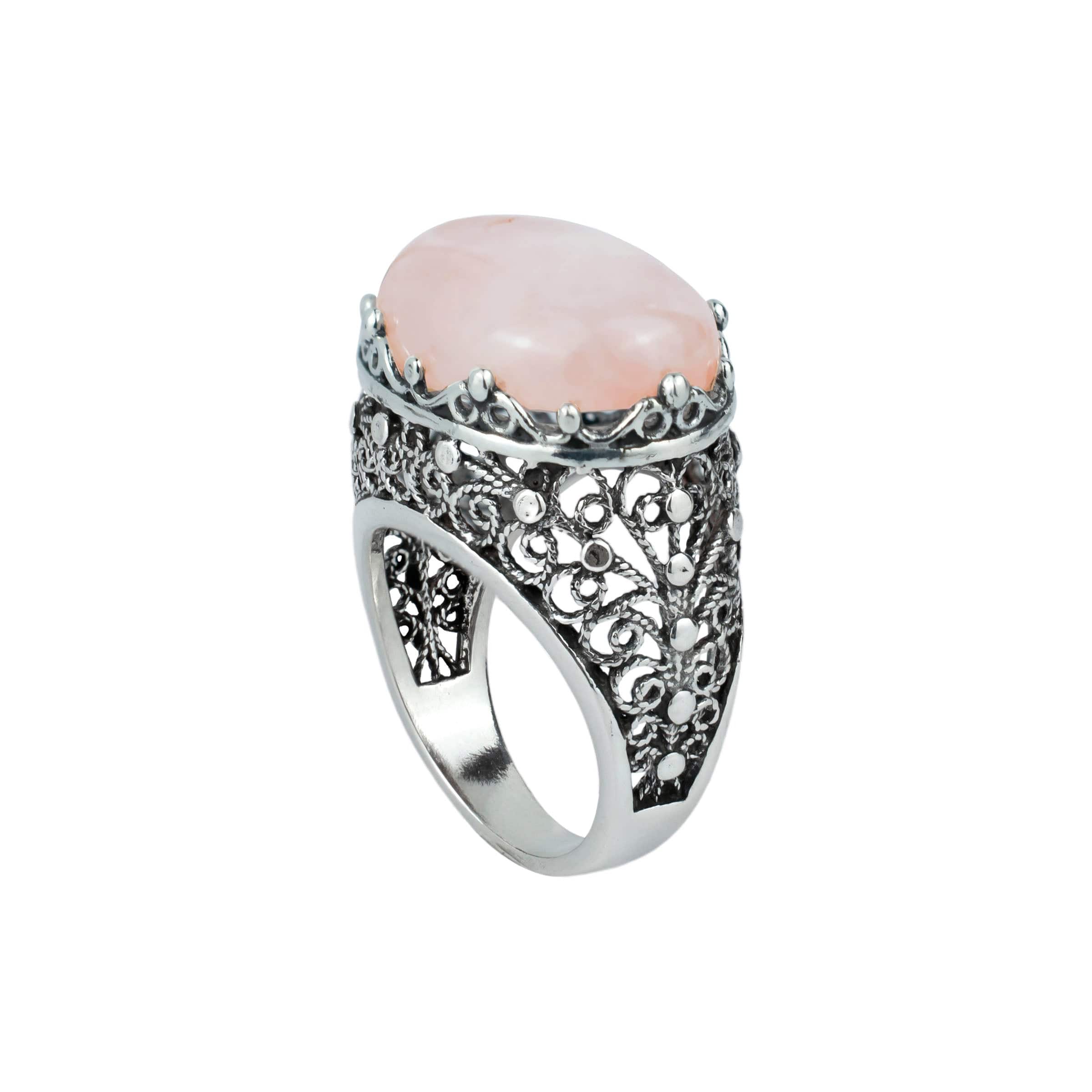 Filigree Art Rose Quartz Gemstone Women Silver Dome Statement Ring