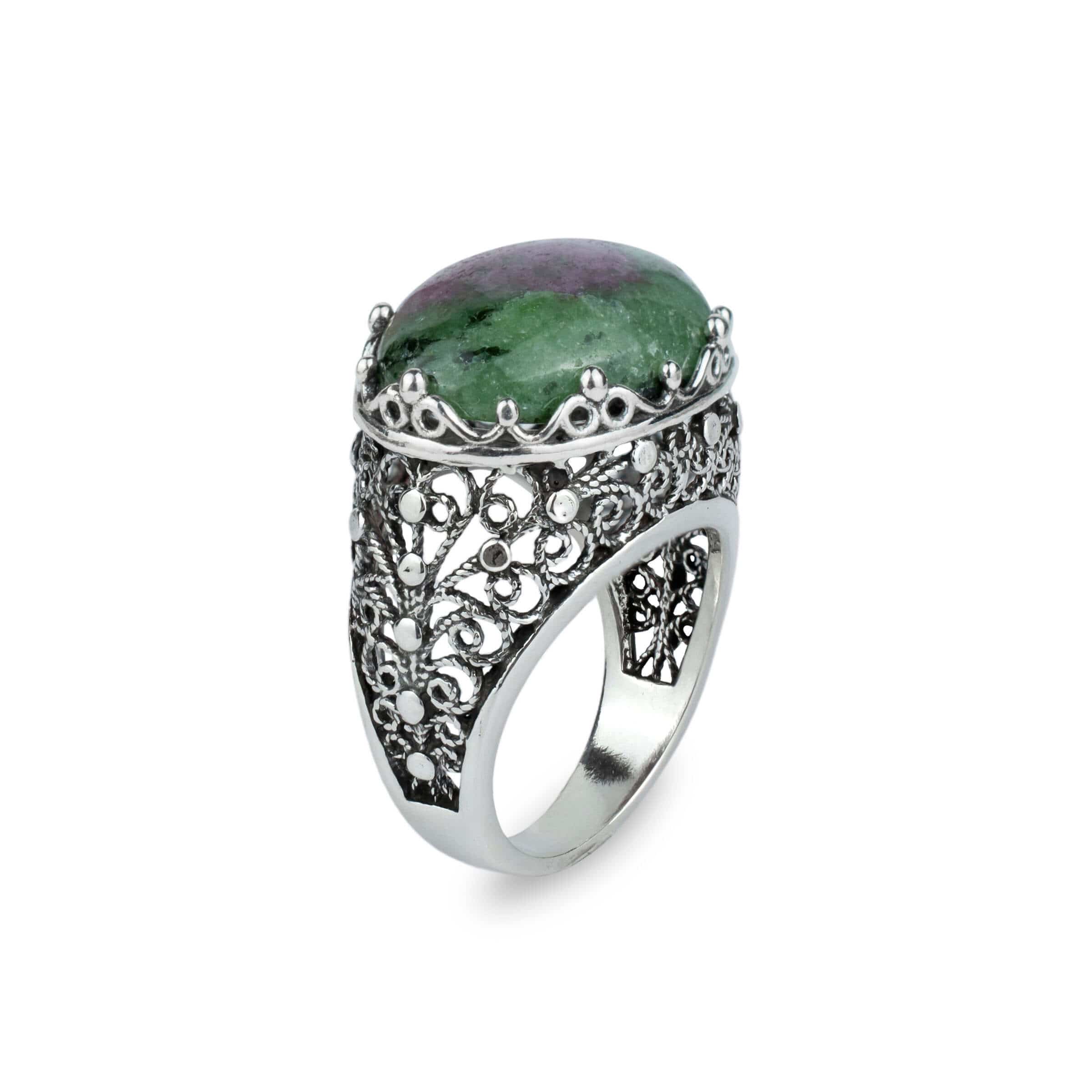 Filigree Art Ruby Zoisite Gemstone Women Silver Dome Statement Ring