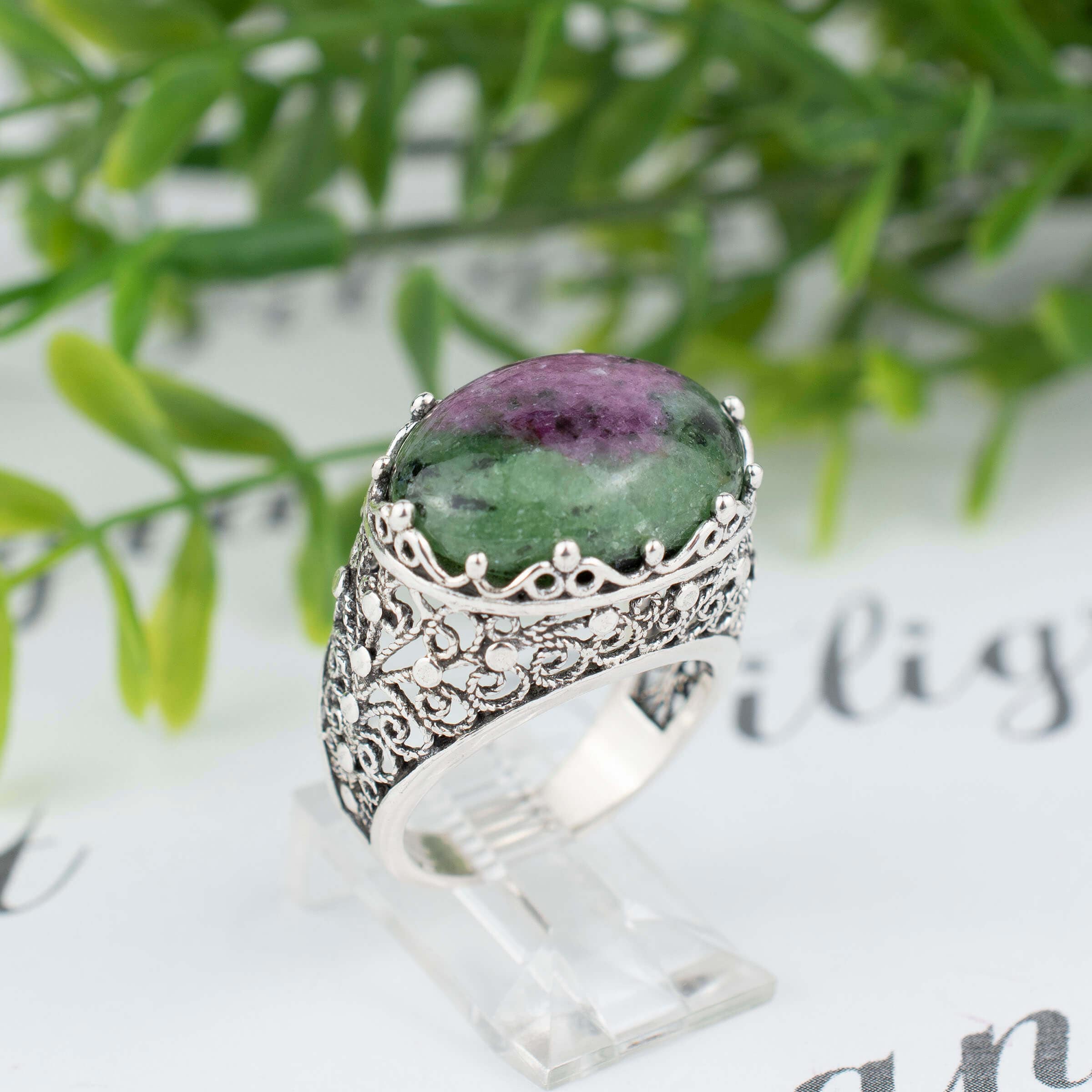 Filigree Art Ruby Zoisite Gemstone Women Silver Dome Statement Ring