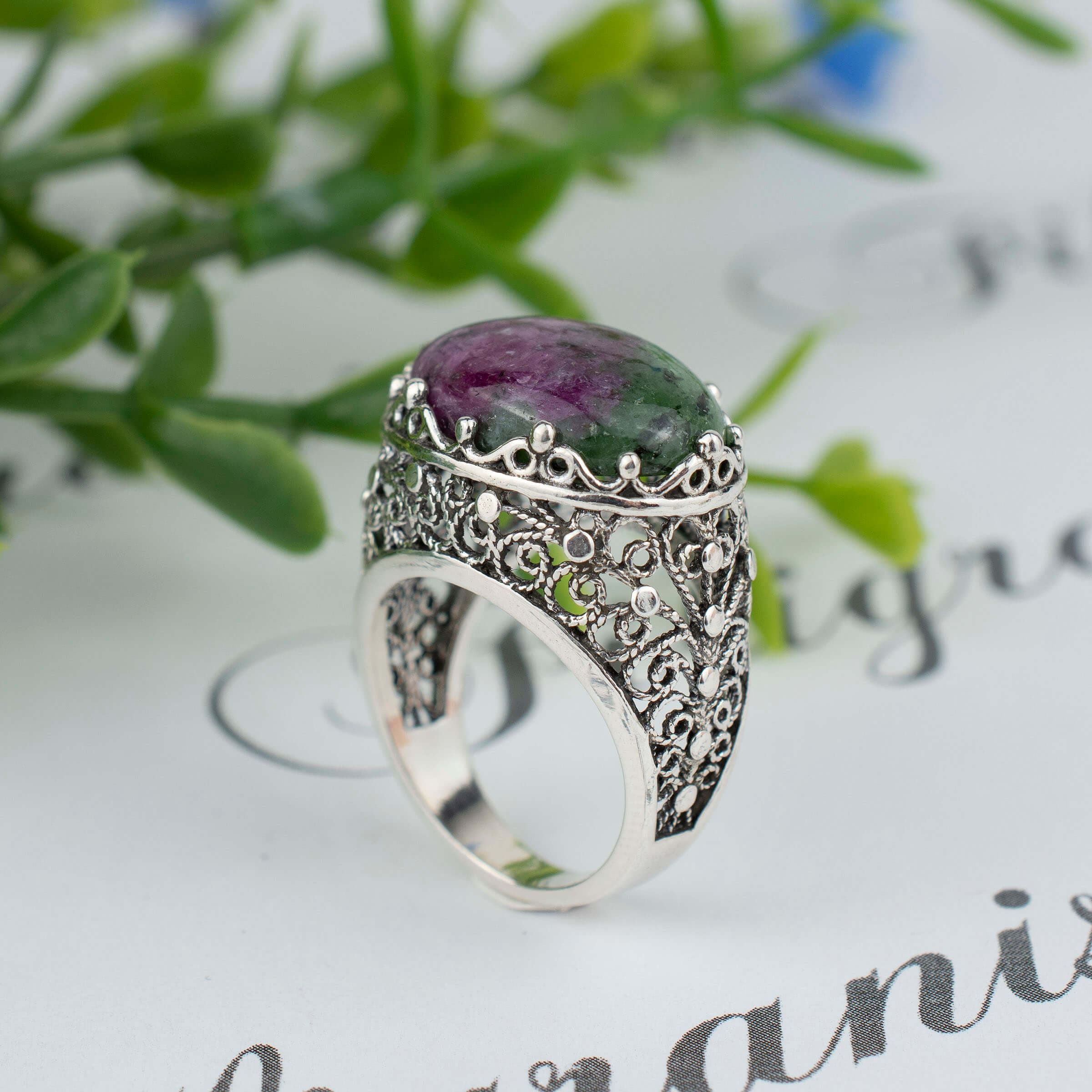 Filigree Art Ruby Zoisite Gemstone Women Silver Dome Statement Ring