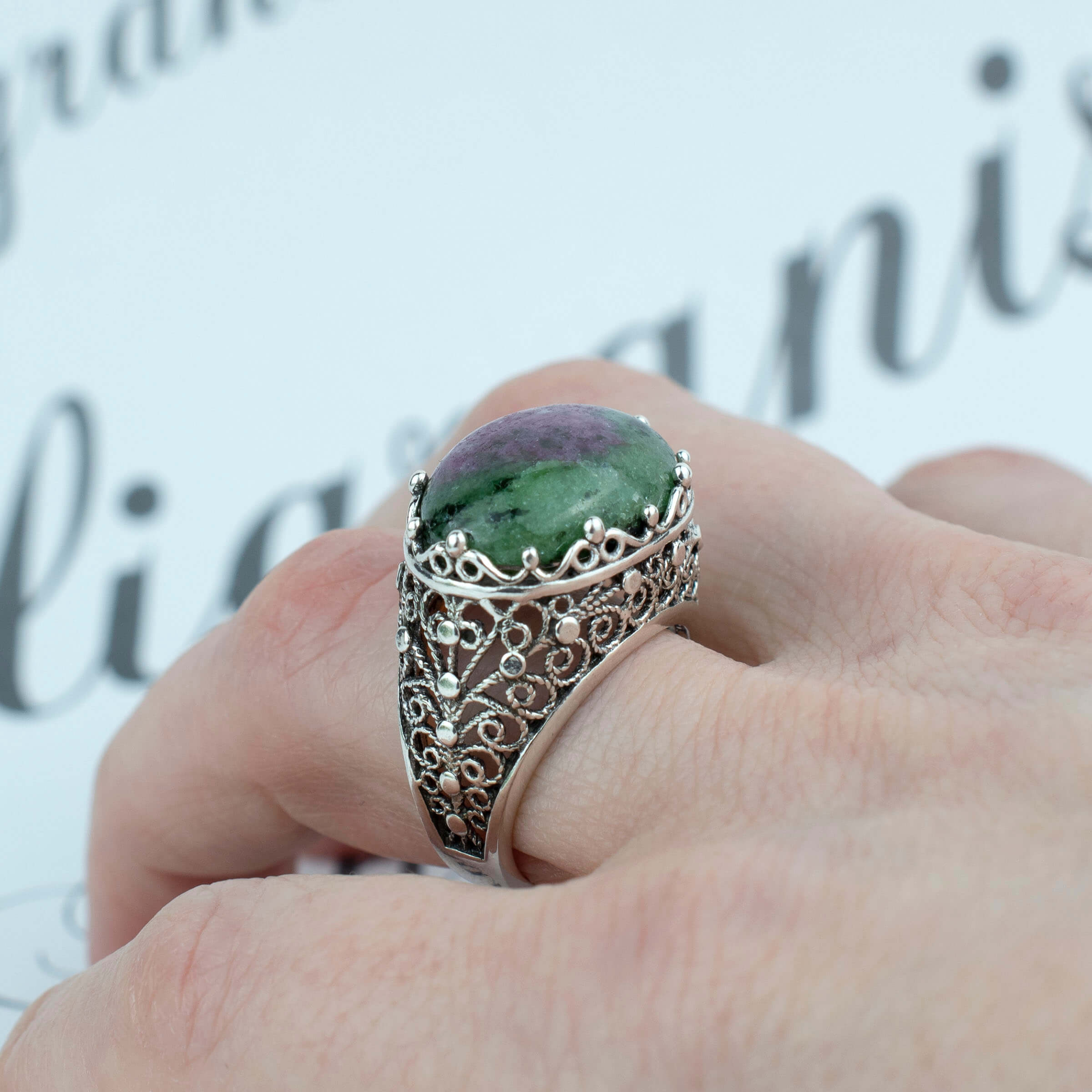 Filigree Art Ruby Zoisite Gemstone Women Silver Dome Statement Ring