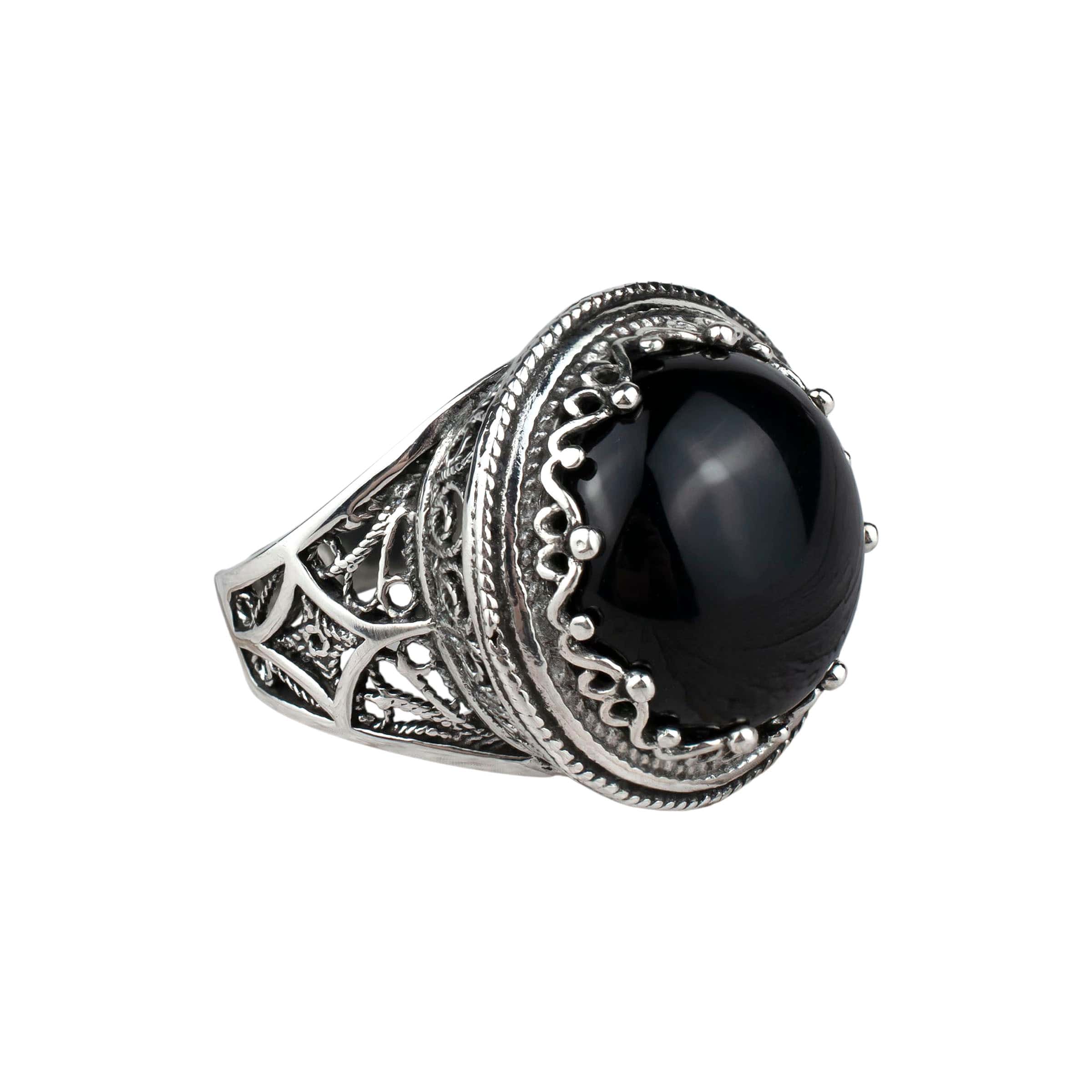 Filigree Art Black Onyx Gemstone Women Silver Bold Statement Ring