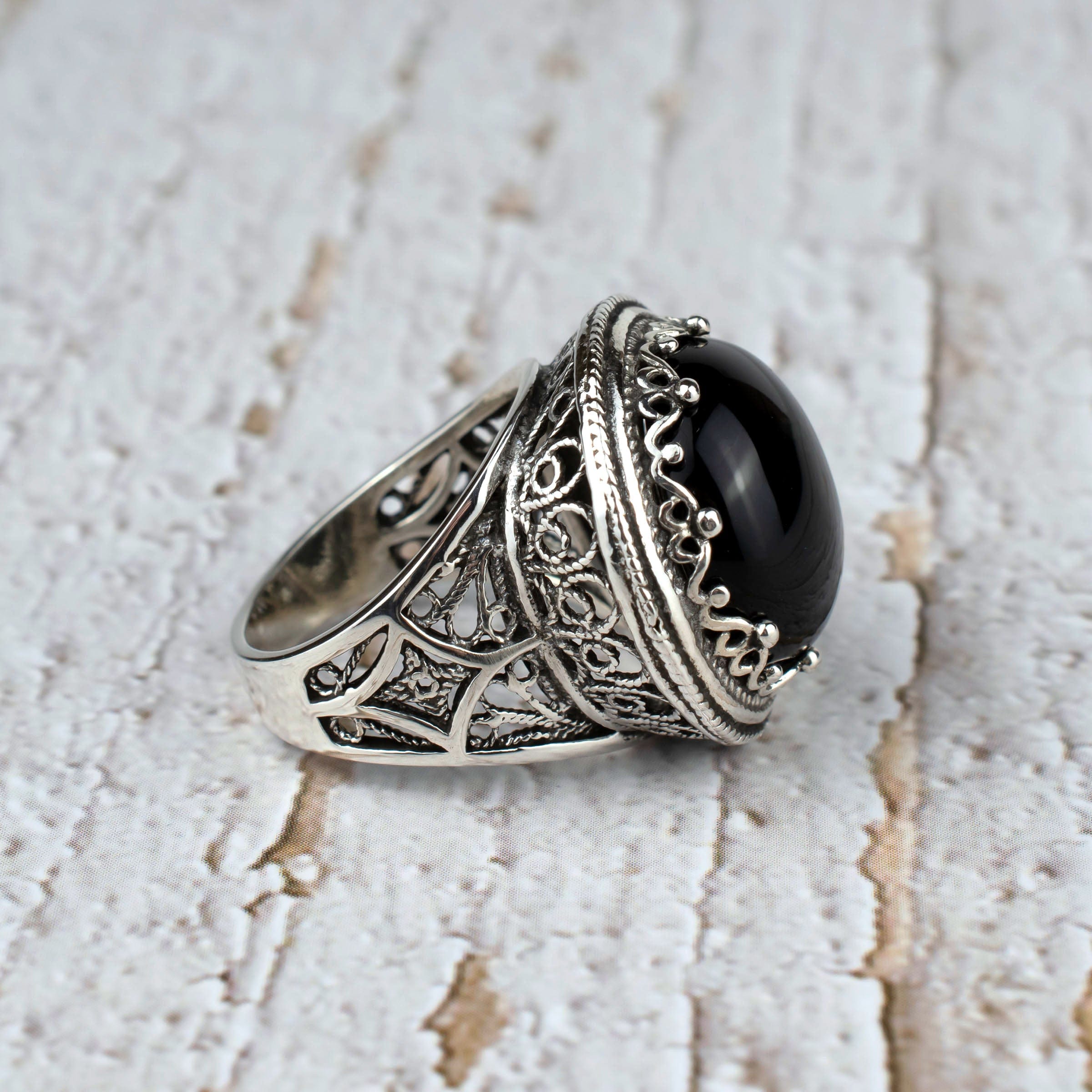 Filigree Art Black Onyx Gemstone Women Silver Bold Statement Ring