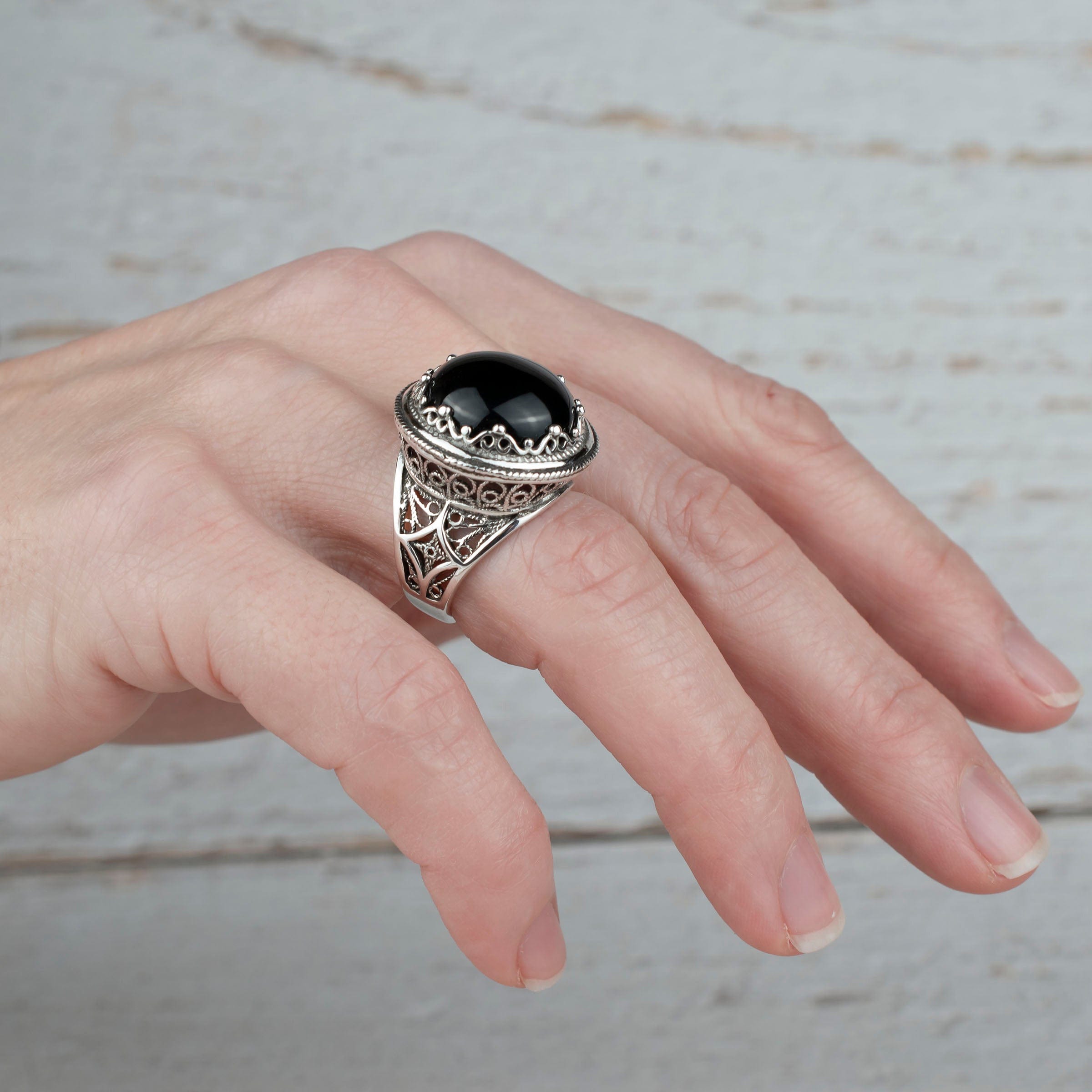 Filigree Art Black Onyx Gemstone Women Silver Bold Statement Ring