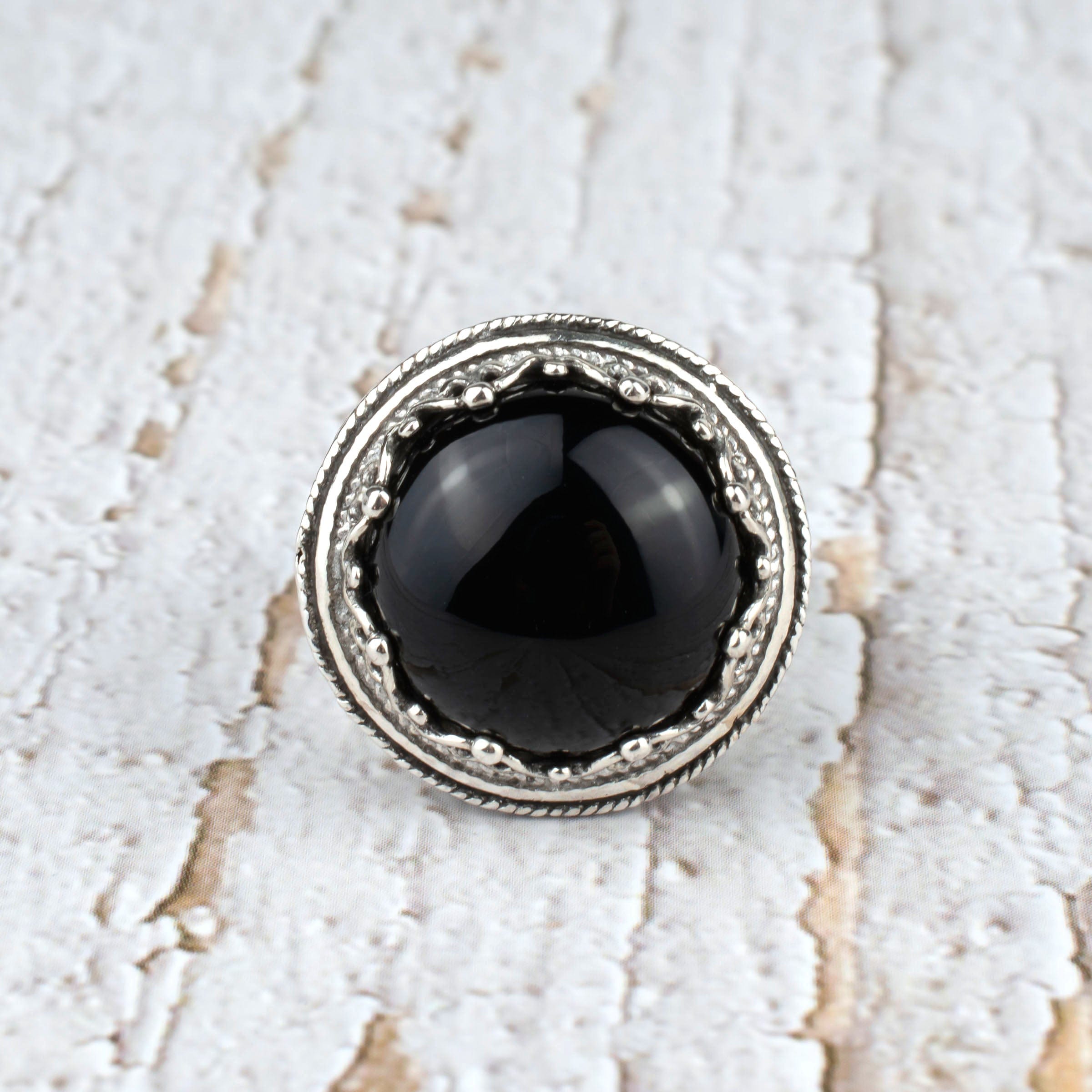 Filigree Art Black Onyx Gemstone Women Silver Bold Statement Ring