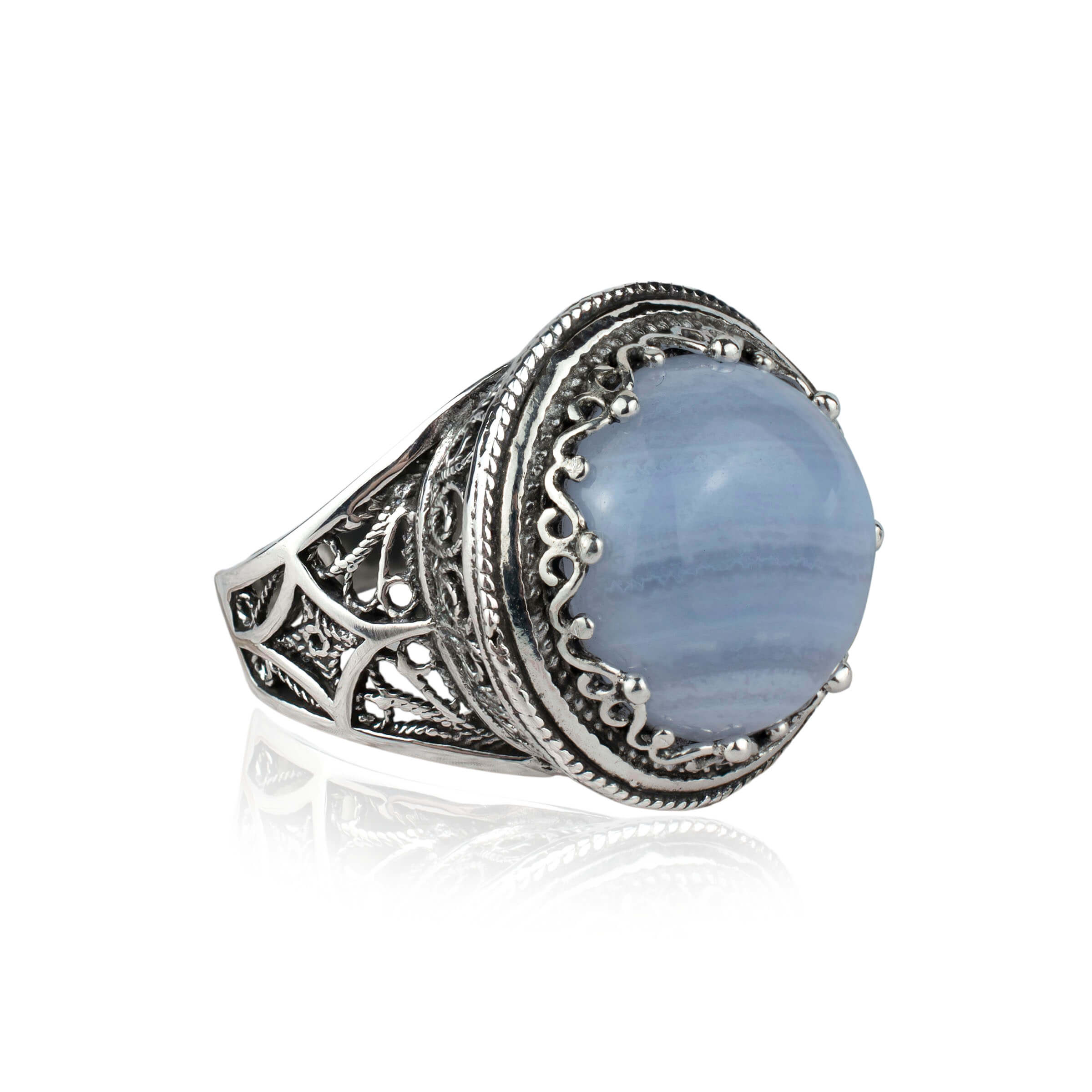 Filigree Art Blue Lace Agate Gemstone Women Silver Bold Statement Ring