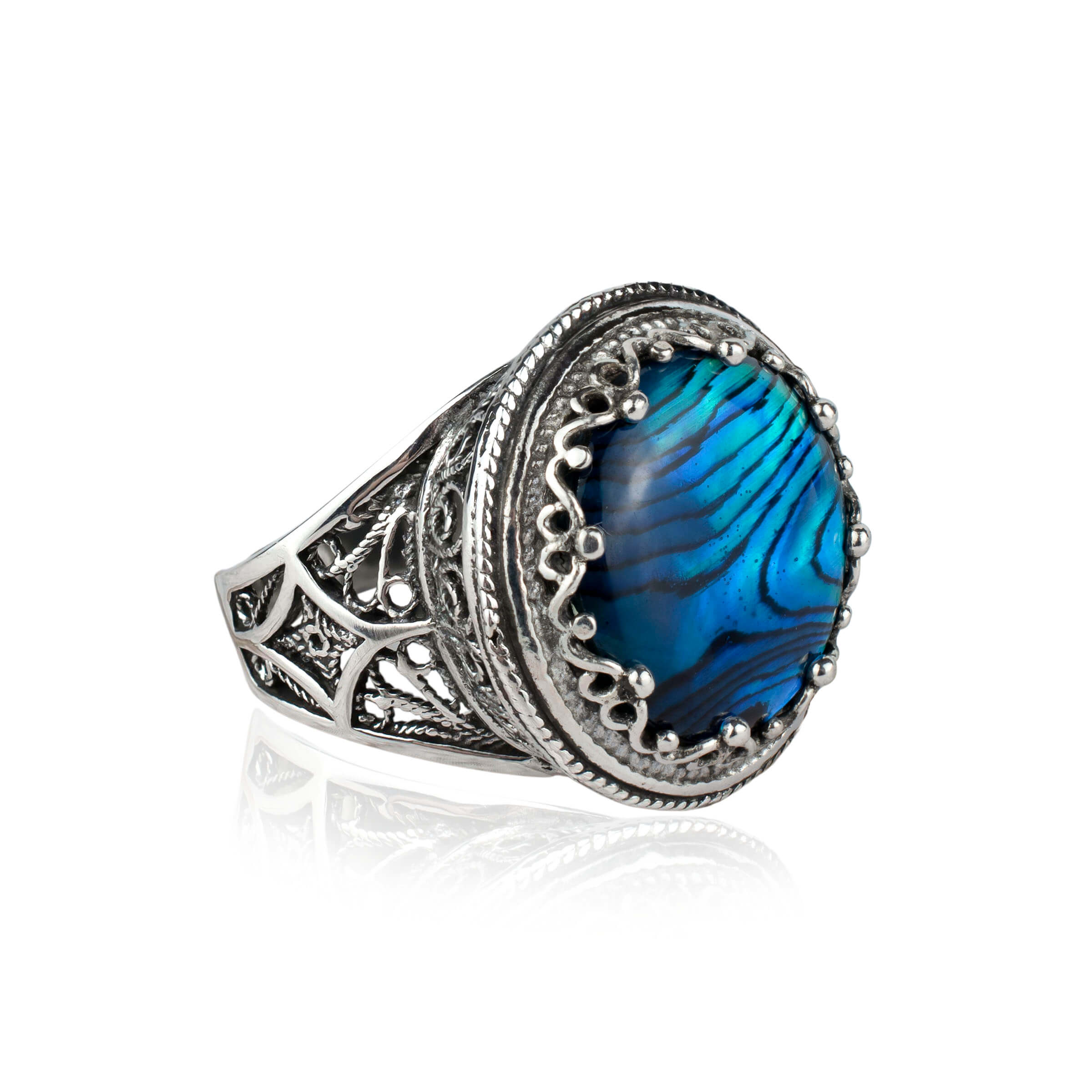 Filigree Art Blue Abalone Gemstone Women Silver Bold Statement Ring