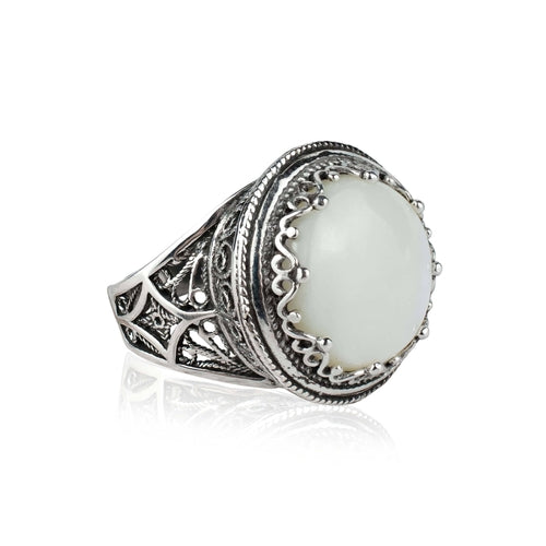 Filigree Art Mother of Pearl Gemstone Women Silver Bold Statement Ring