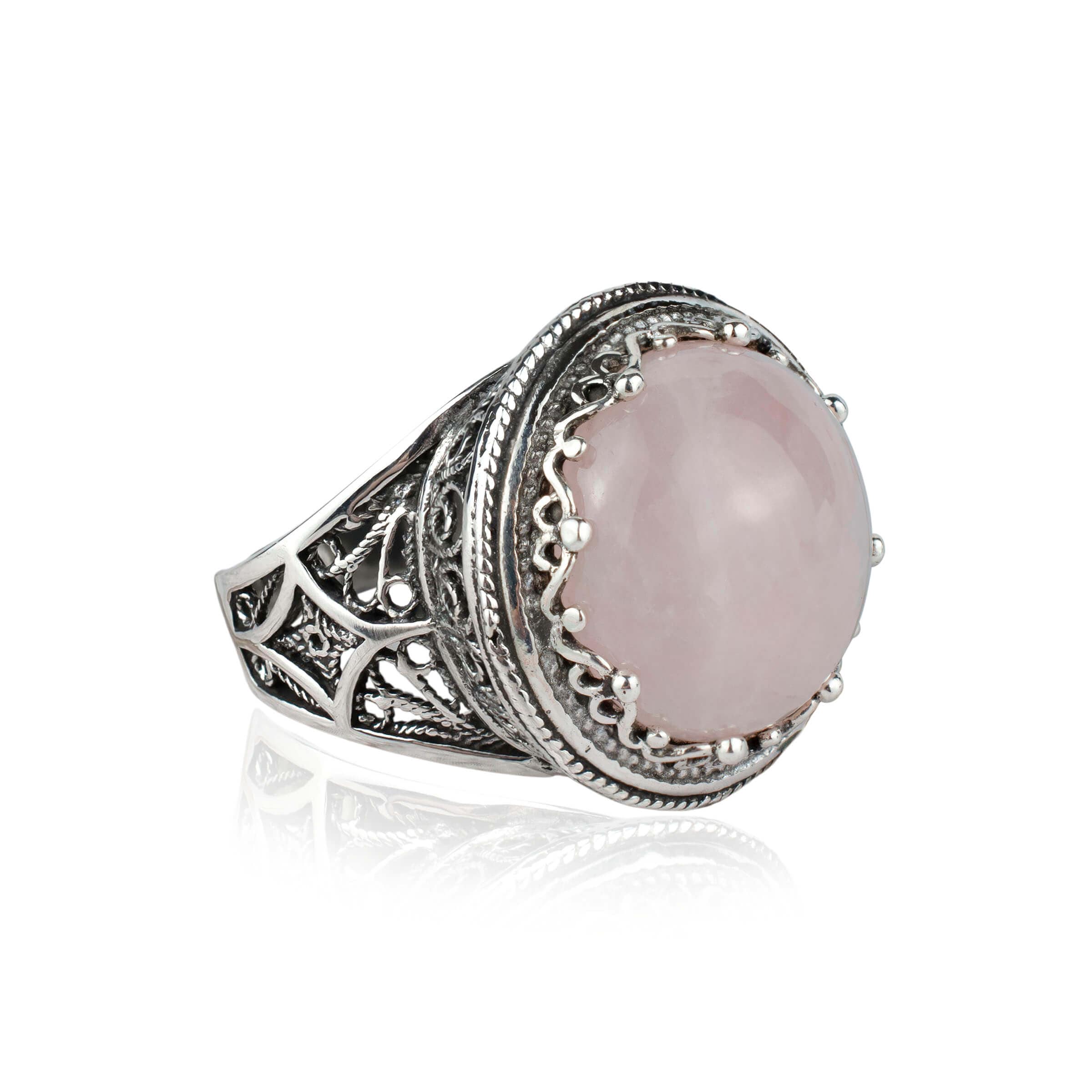 Filigree Art Rose Quartz Gemstone Women Silver Bold Statement Ring