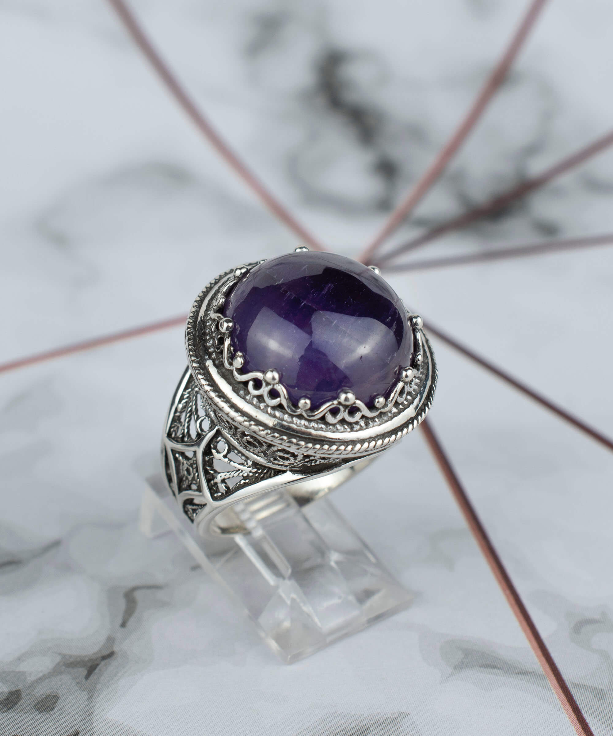 Filigree Art Amethyst Gemstone Women Silver Bold Statement Ring