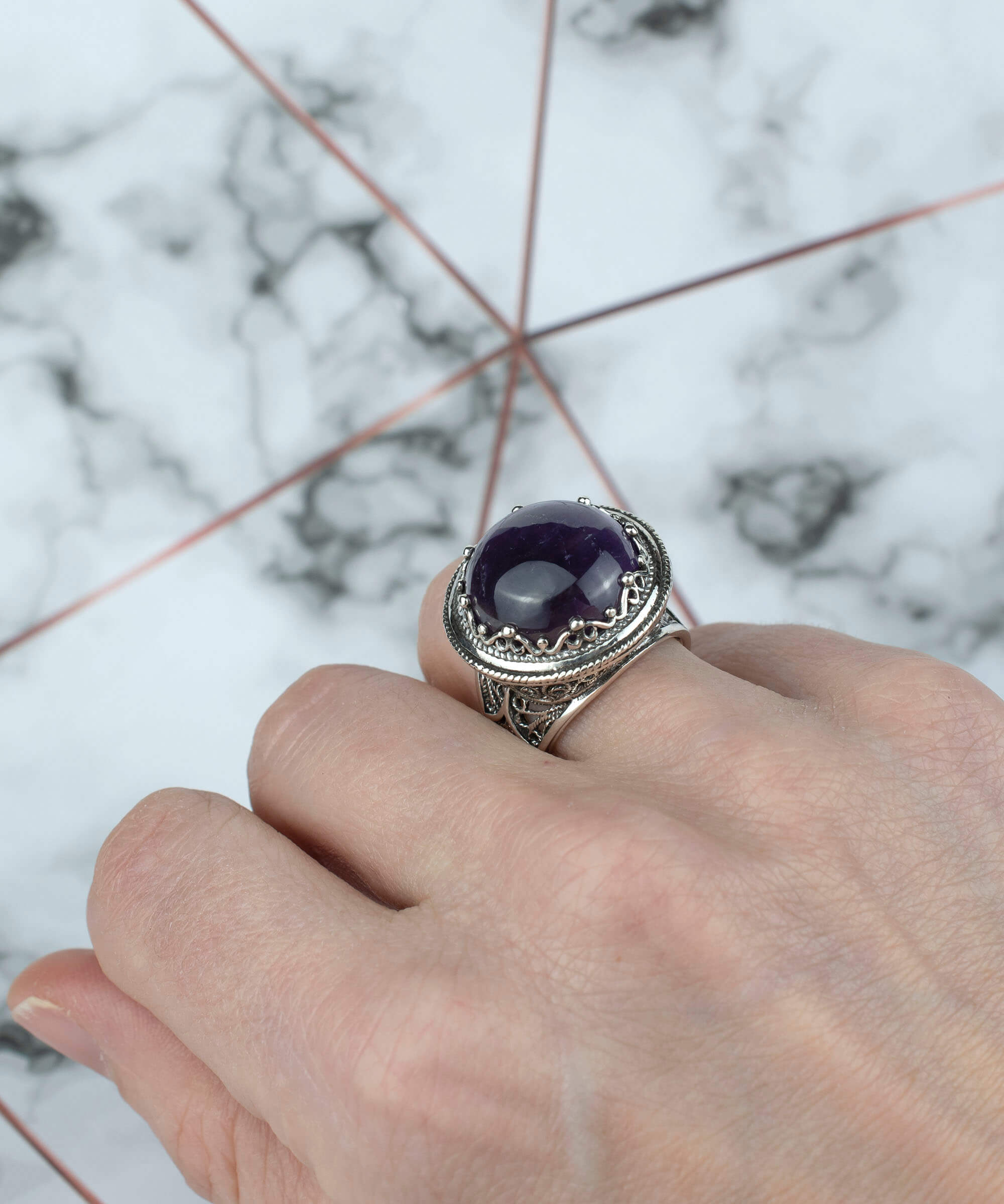 Filigree Art Amethyst Gemstone Women Silver Bold Statement Ring