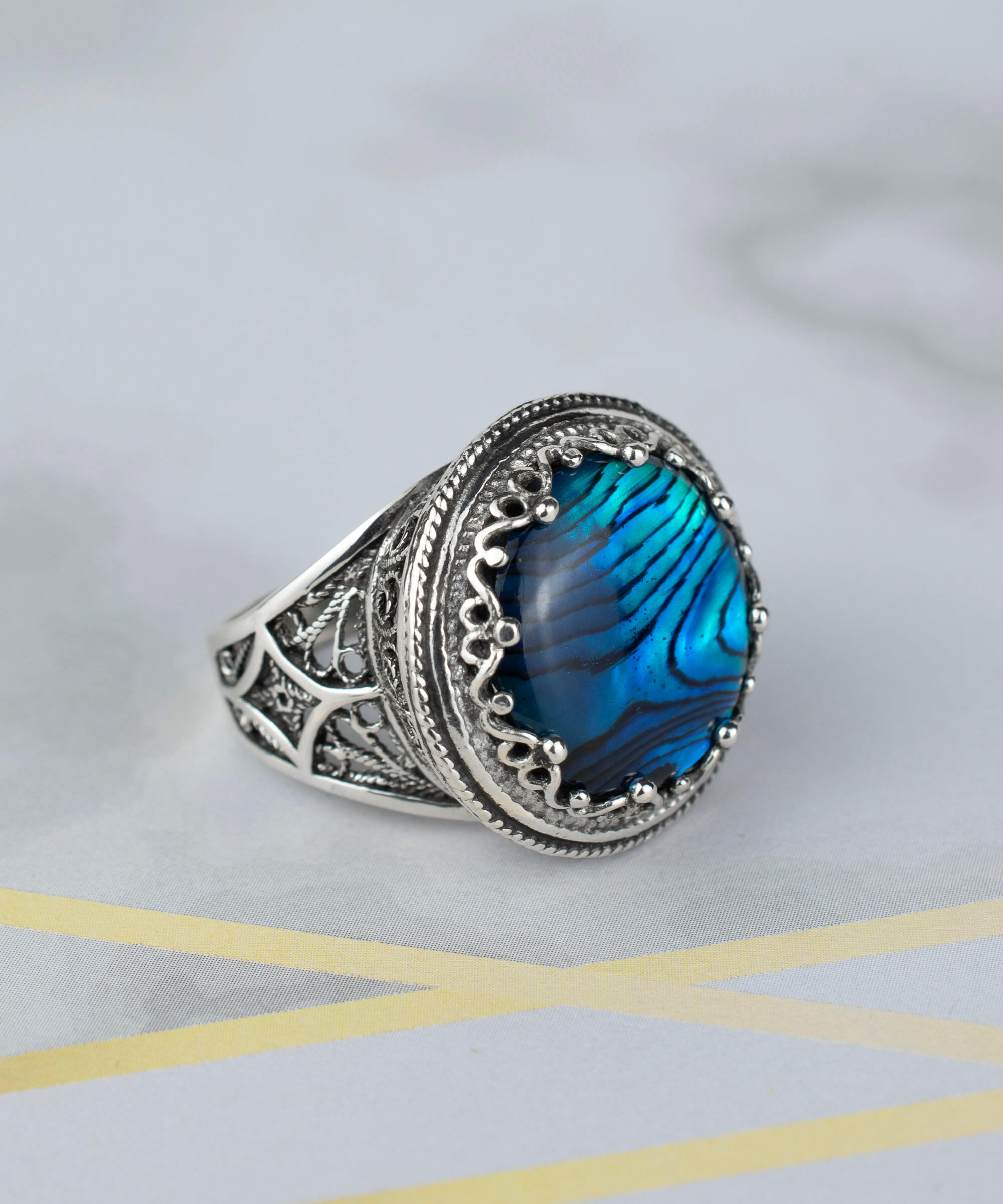 Filigree Art Blue Abalone Gemstone Women Silver Bold Statement Ring