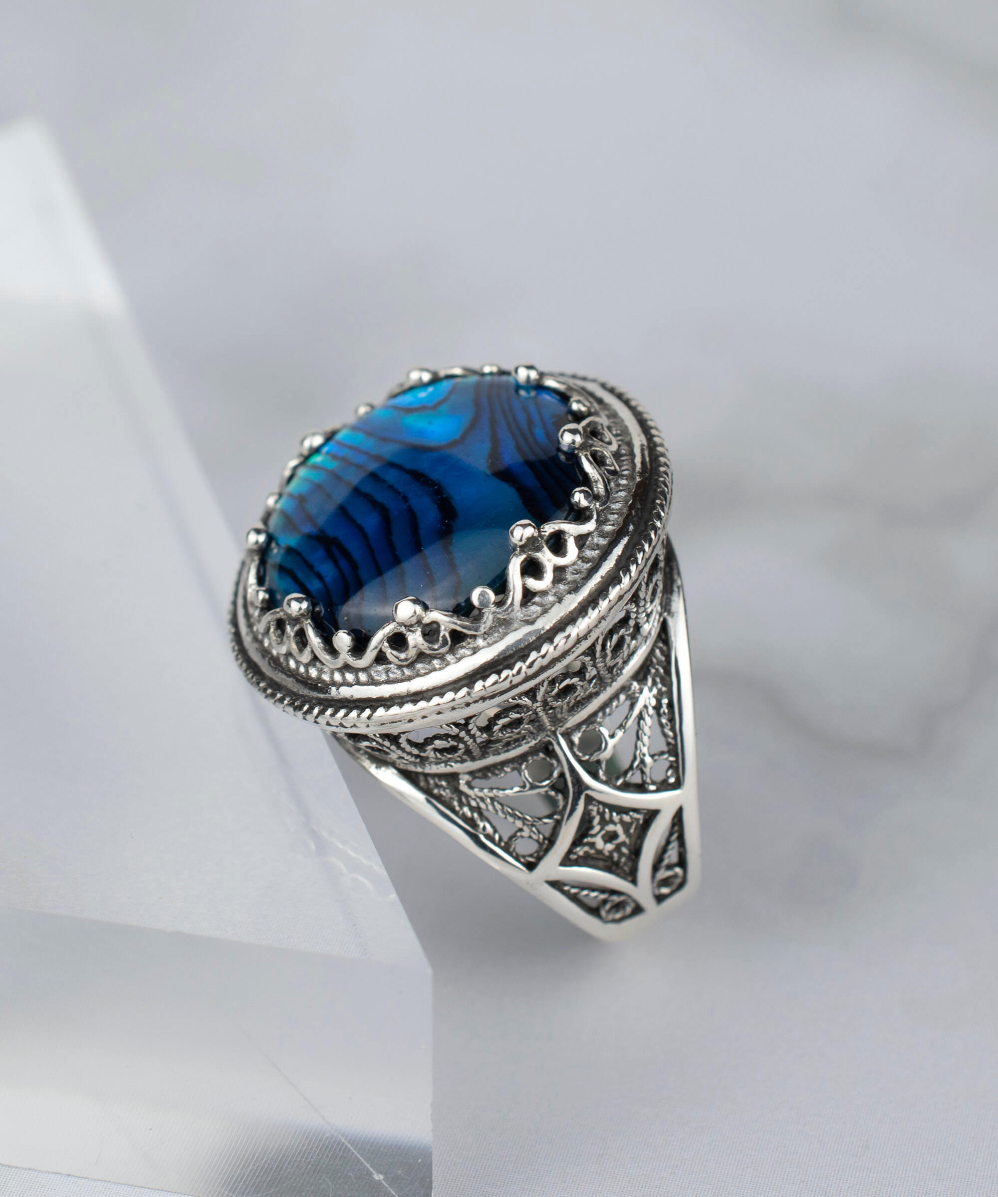 Filigree Art Blue Abalone Gemstone Women Silver Bold Statement Ring