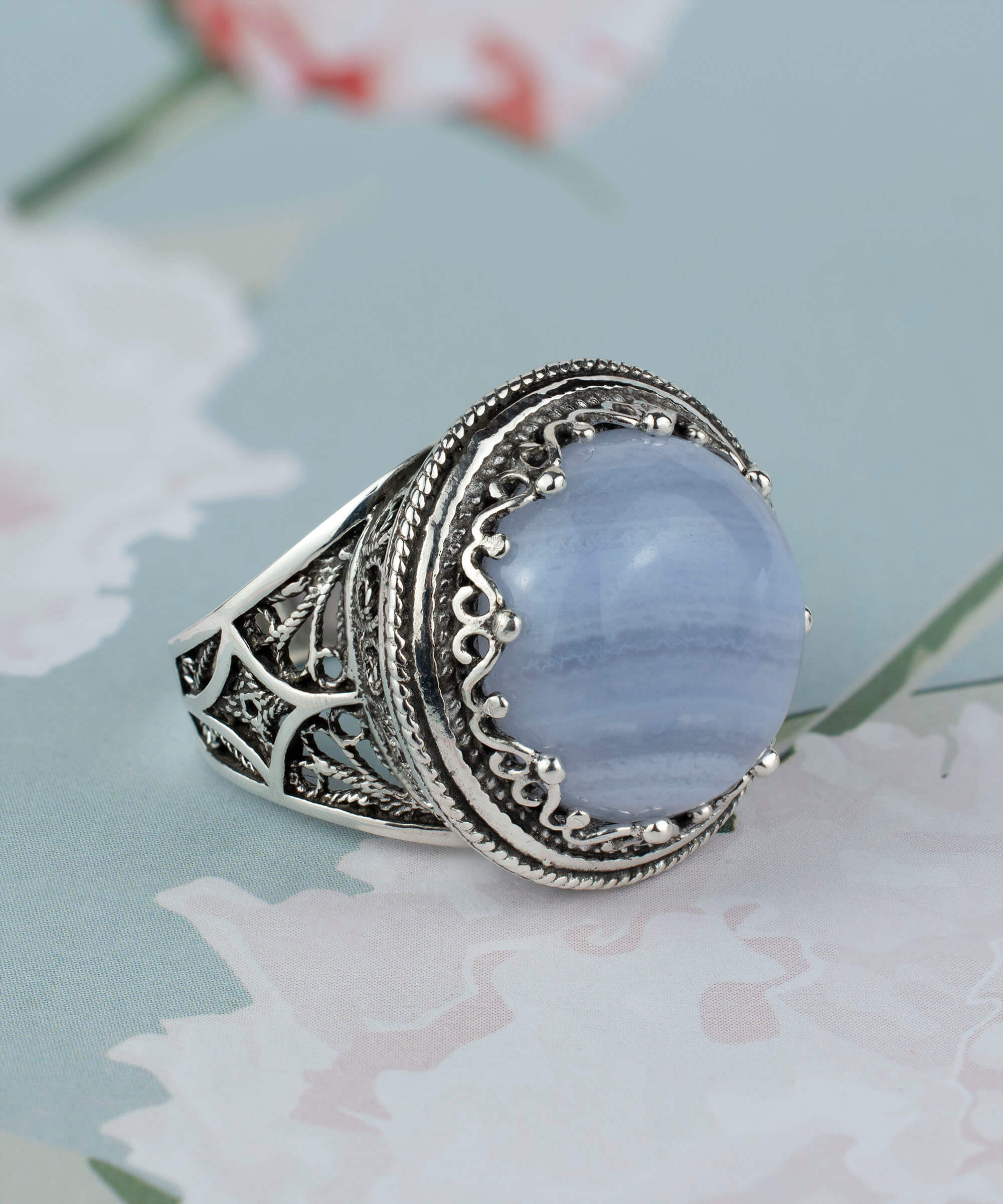 Filigree Art Blue Lace Agate Gemstone Women Silver Bold Statement Ring