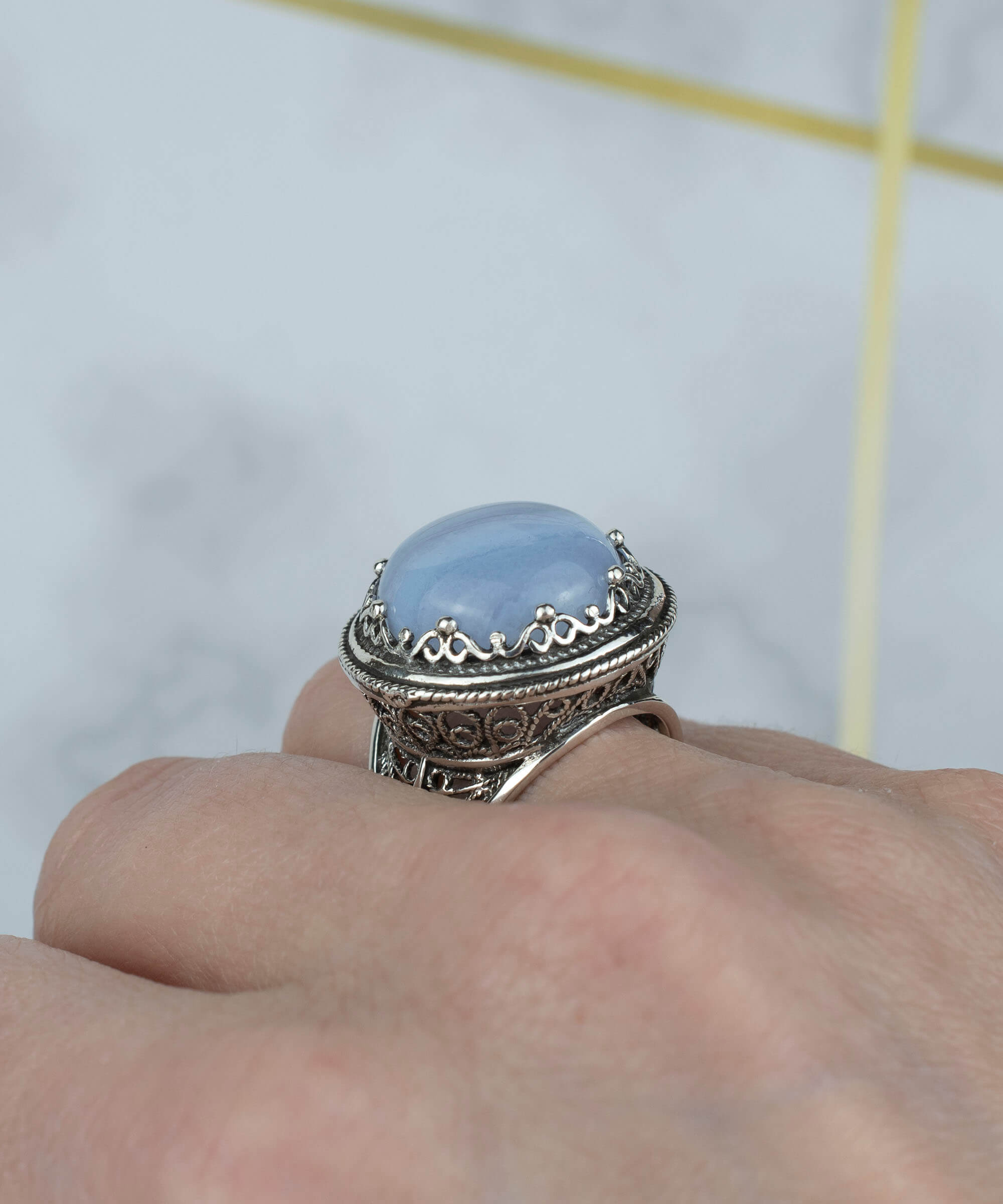 Filigree Art Blue Lace Agate Gemstone Women Silver Bold Statement Ring