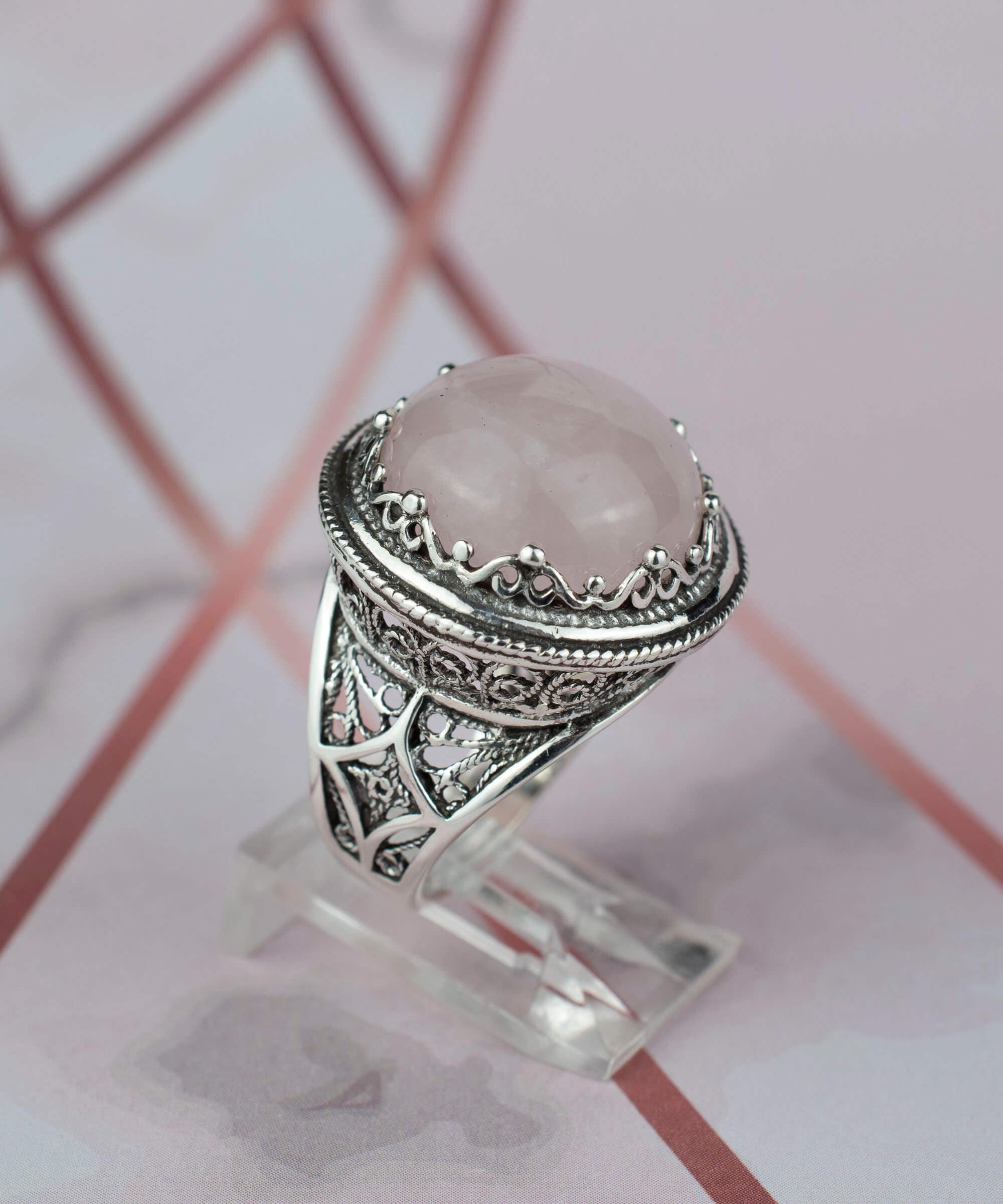 Filigree Art Rose Quartz Gemstone Women Silver Bold Statement Ring