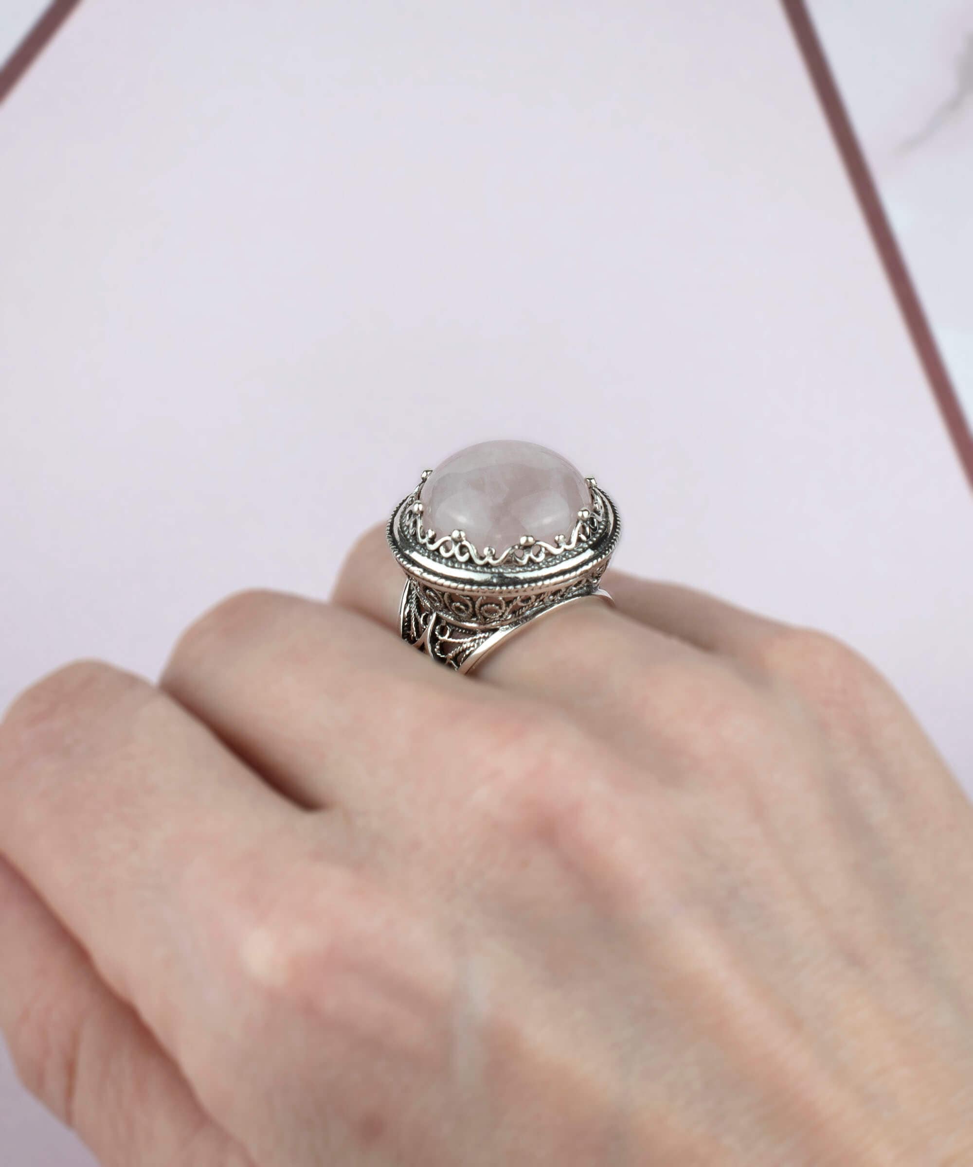 Filigree Art Rose Quartz Gemstone Women Silver Bold Statement Ring