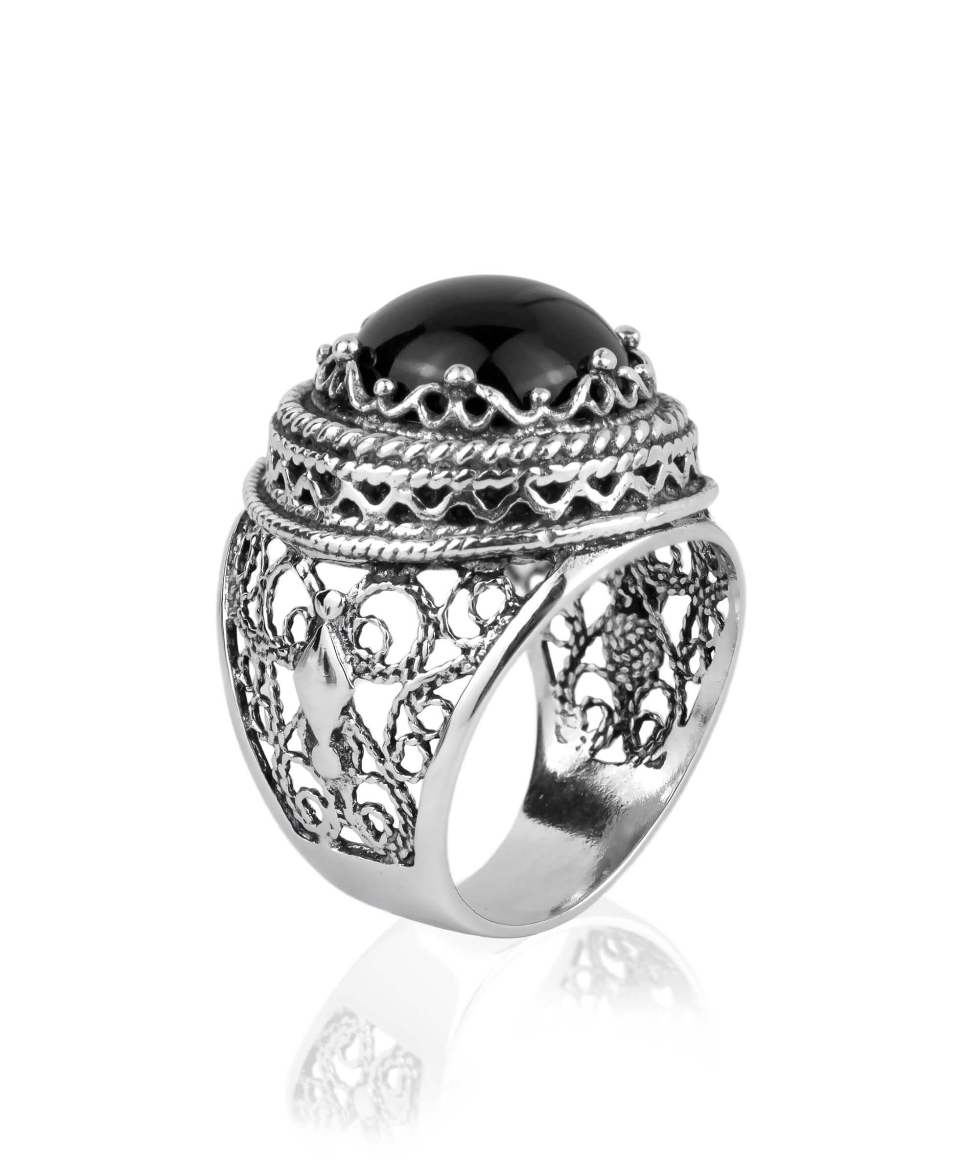 Filigree Art Black Onyx Gemstone Women Silver Bold Ring