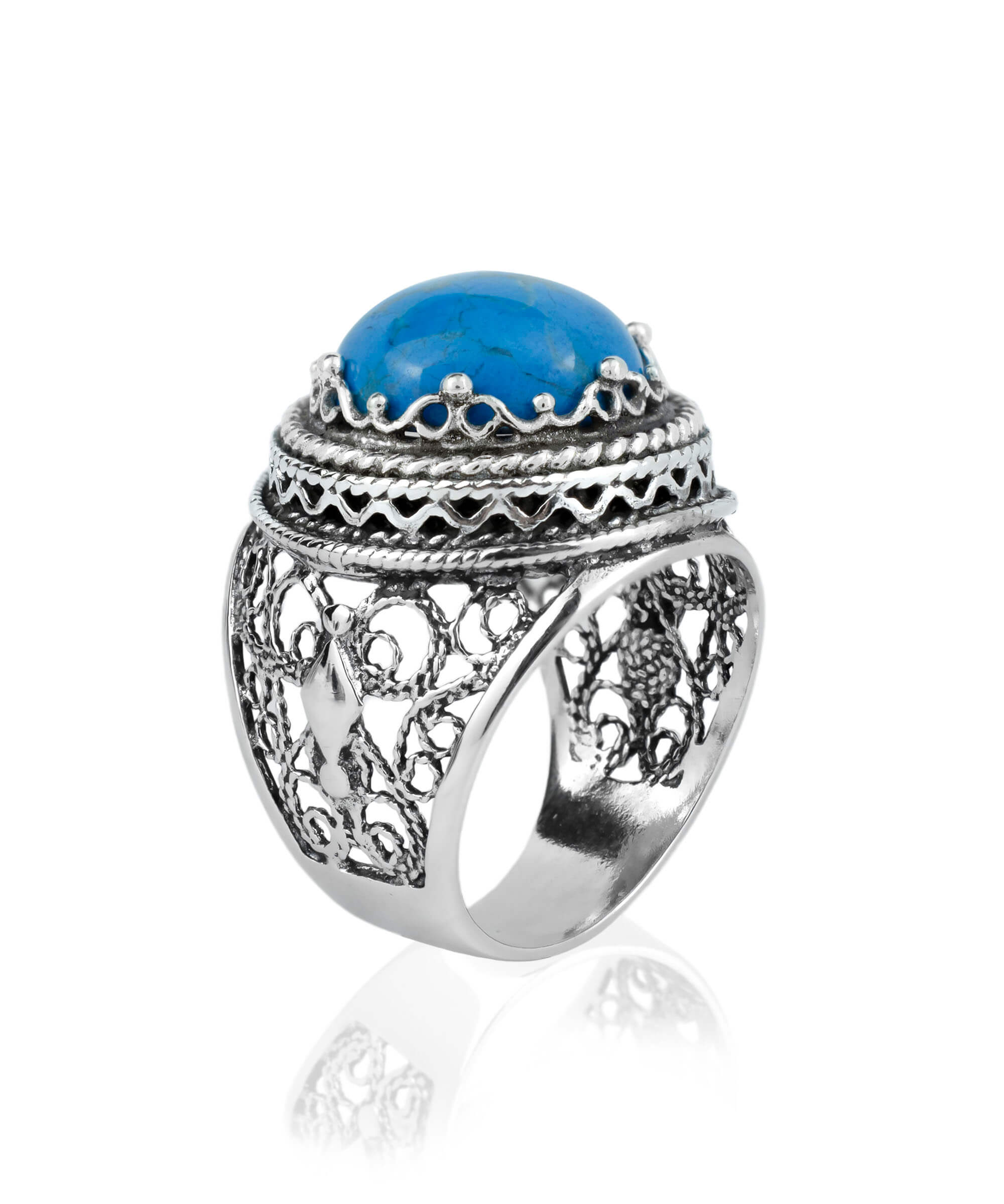 Filigree Art Turquoise Gemstone Women Silver Bold Ring