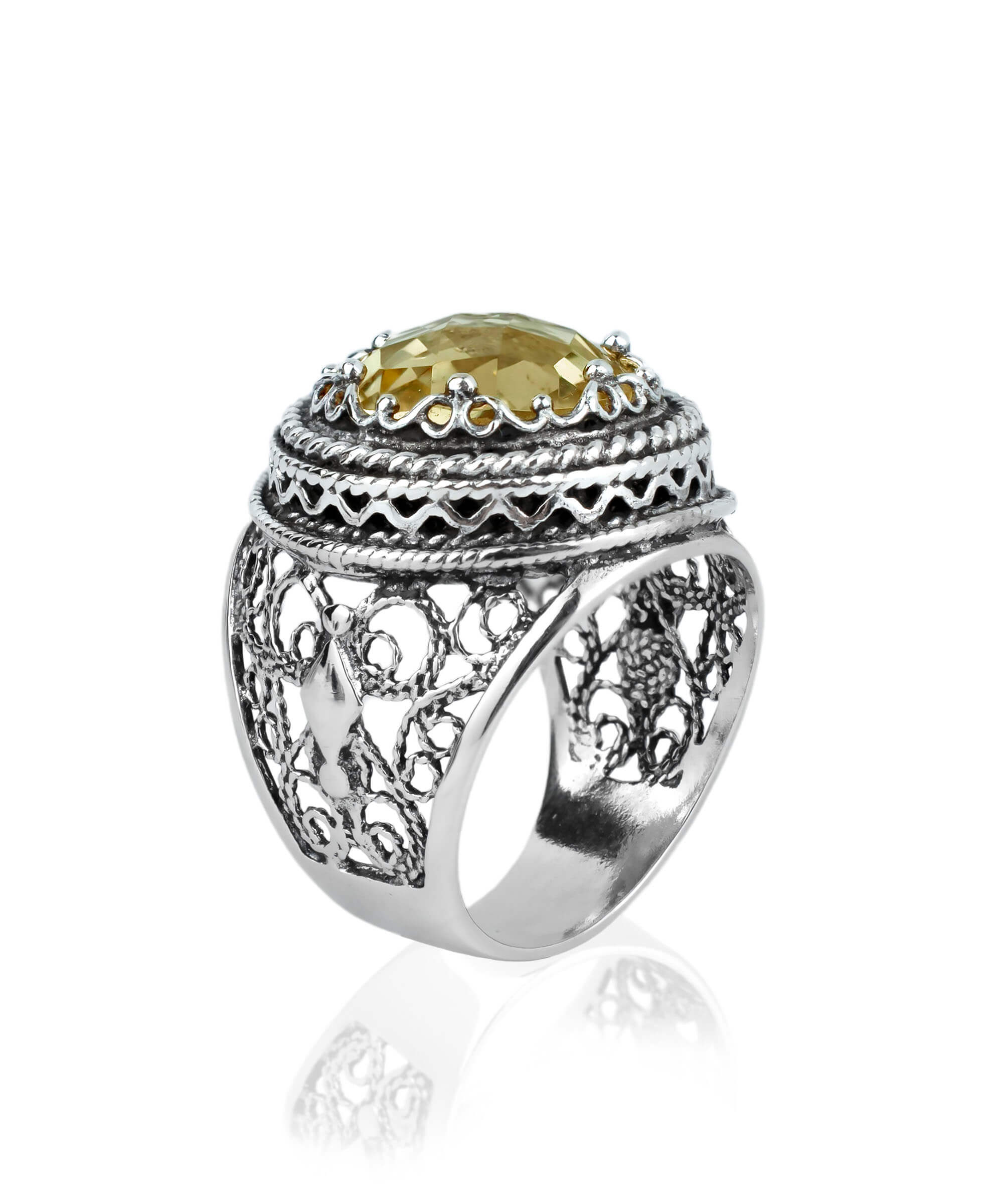 Filigree Art Citrine Gemstone Women Silver Bold Ring