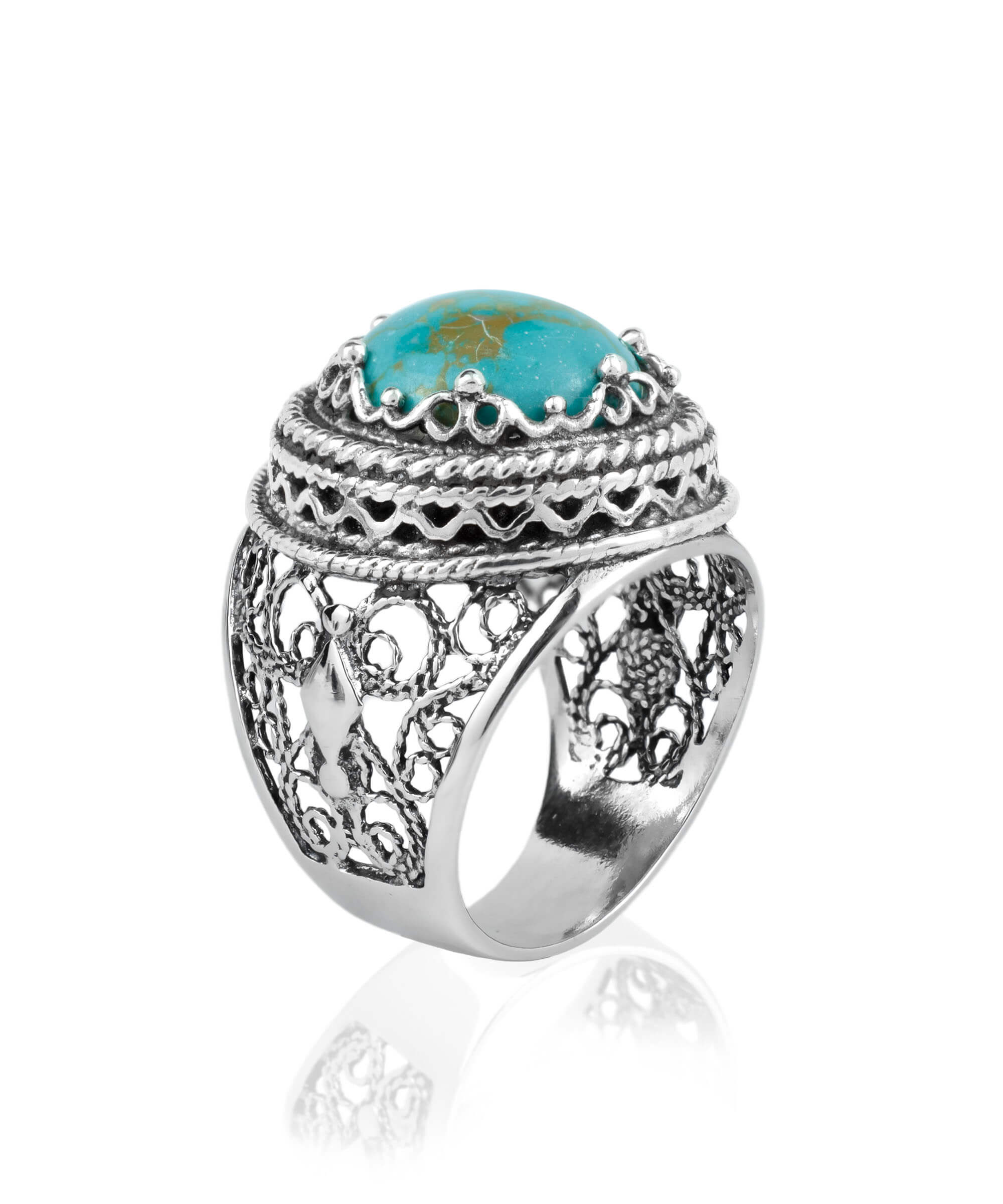 Filigree Art Copper Turquoise Gemstone Women Silver Bold Ring