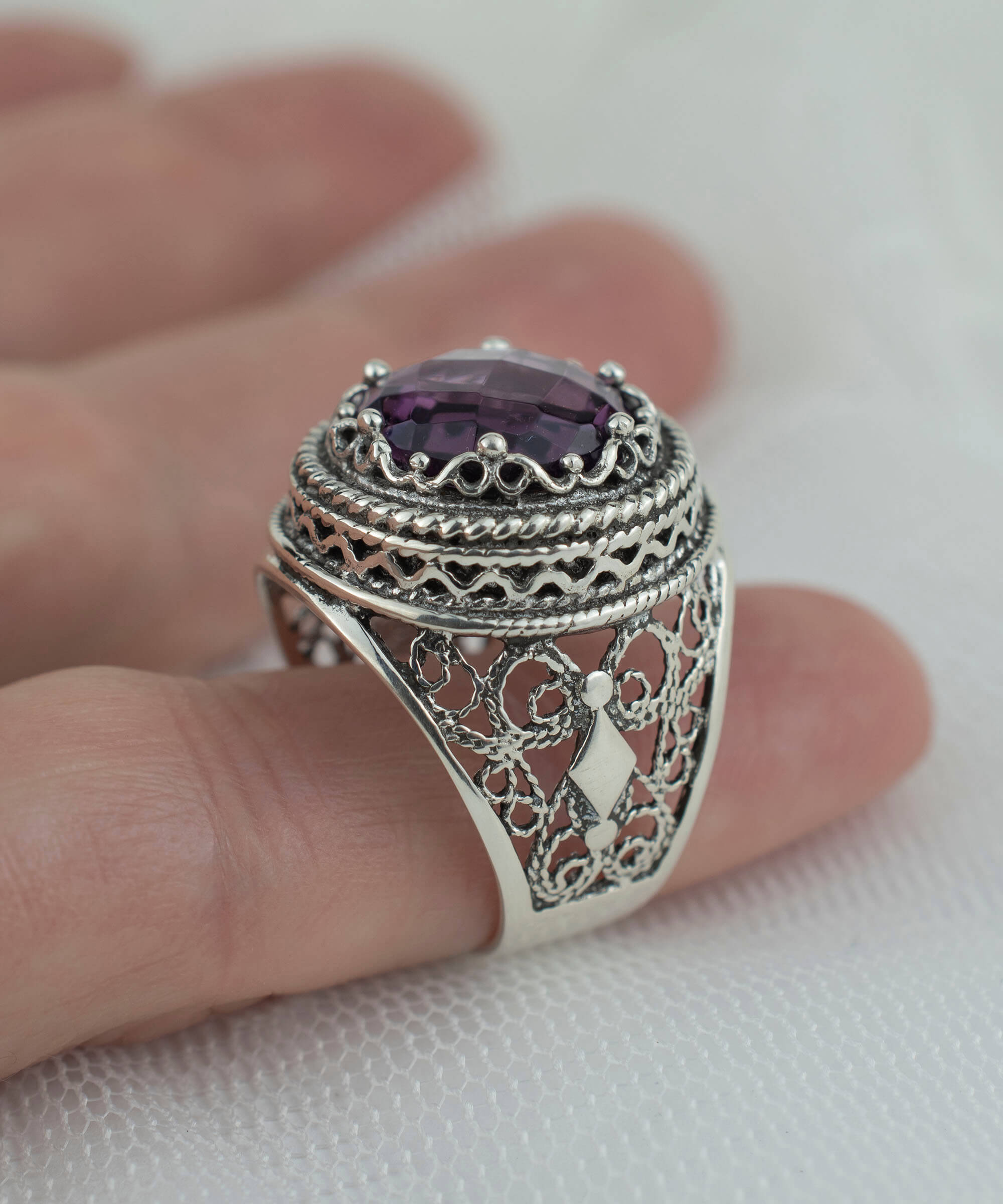 Filigree Art Amethyst Gemstone Women Silver Bold Statement Ring