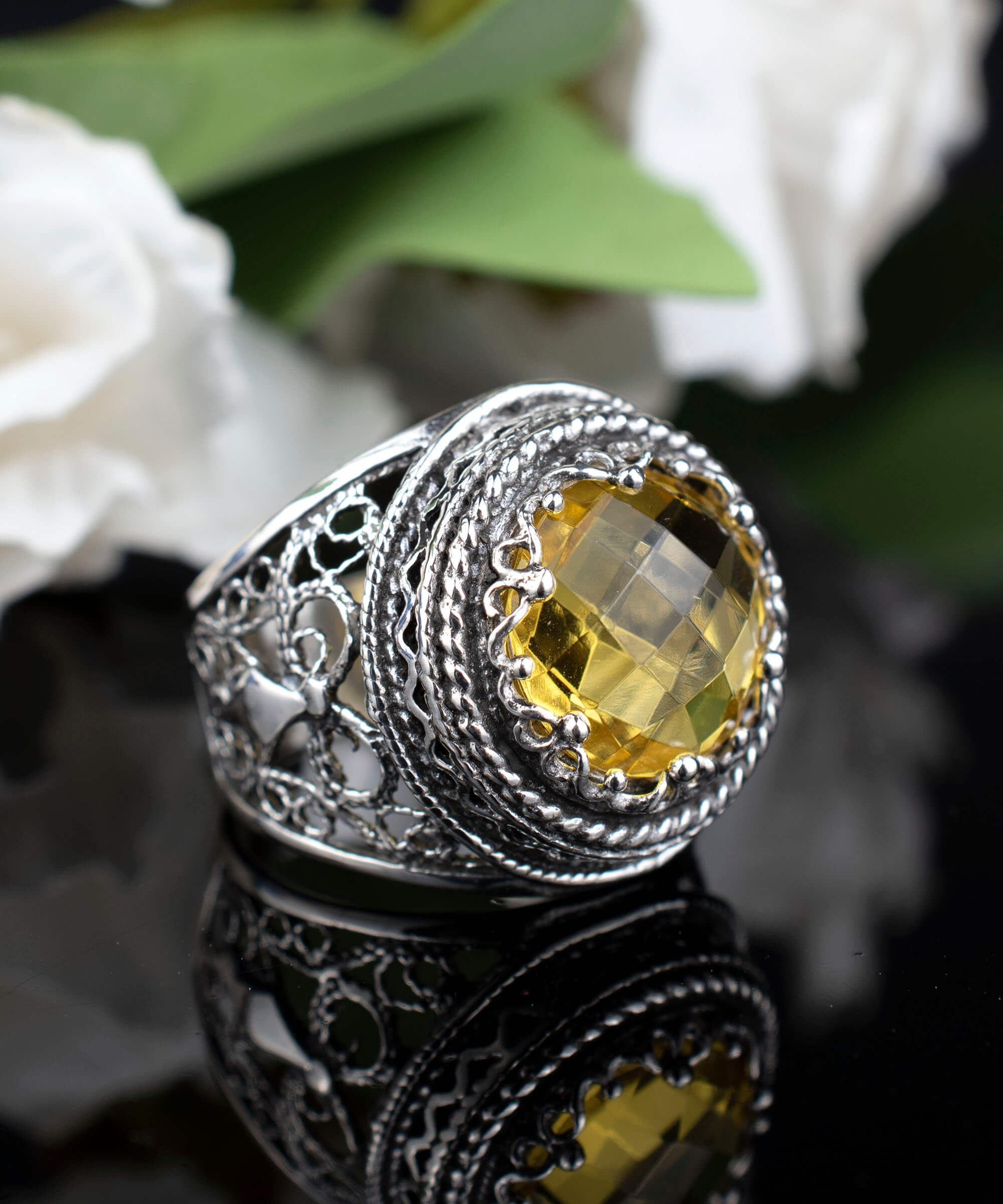 Filigree Art Citrine Gemstone Women Silver Bold Ring