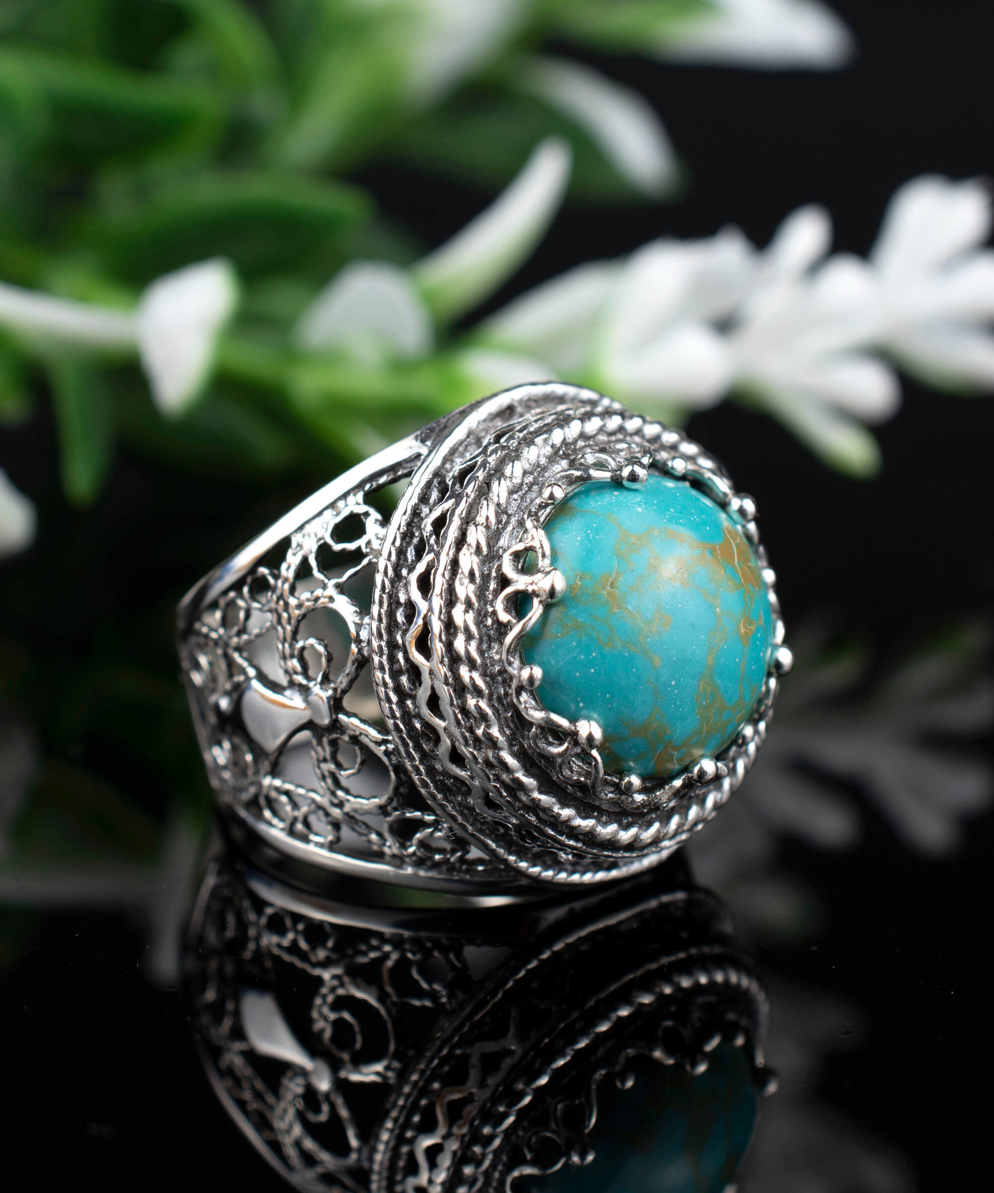 Filigree Art Copper Turquoise Gemstone Women Silver Bold Ring