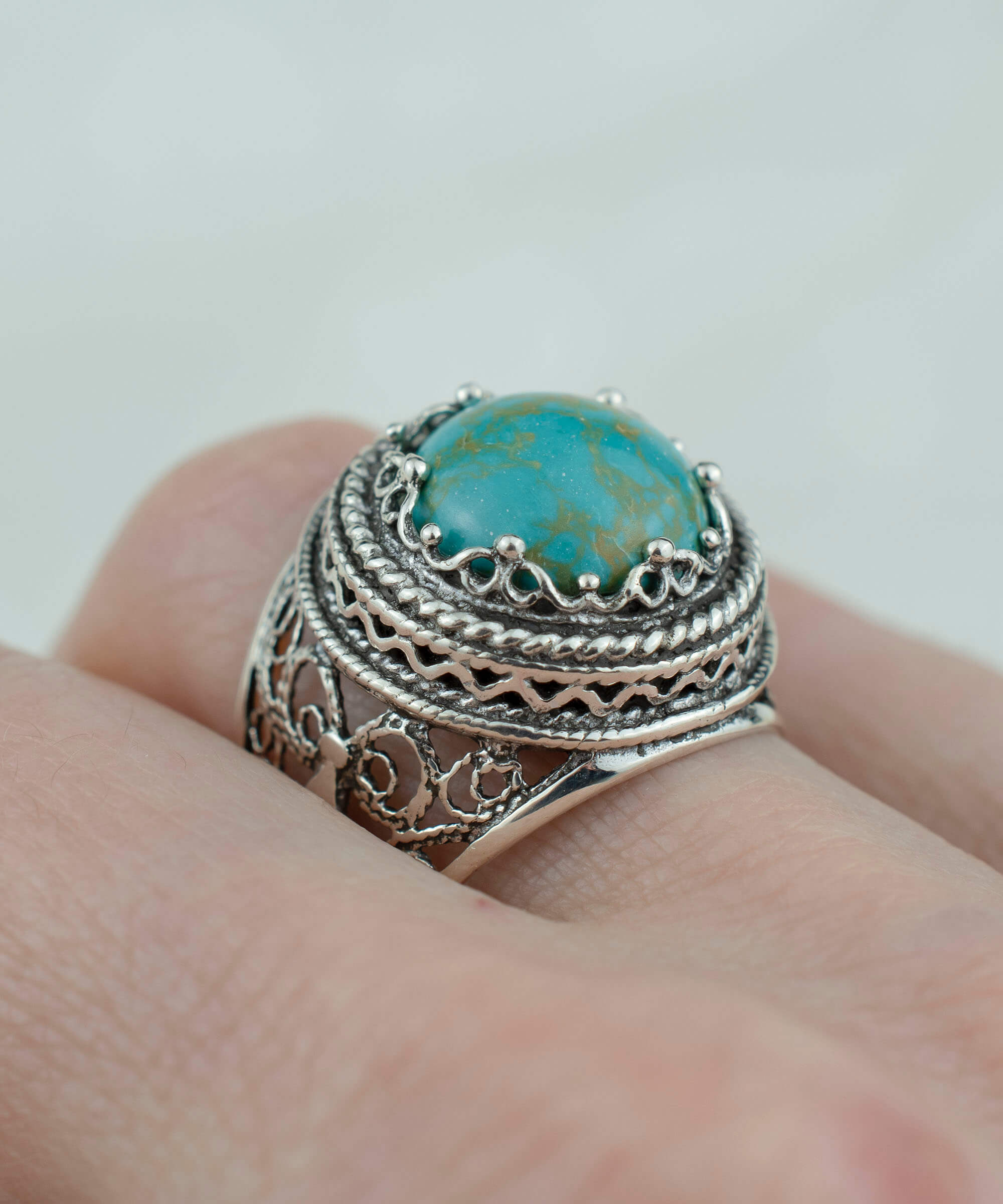 Filigree Art Copper Turquoise Gemstone Women Silver Bold Ring