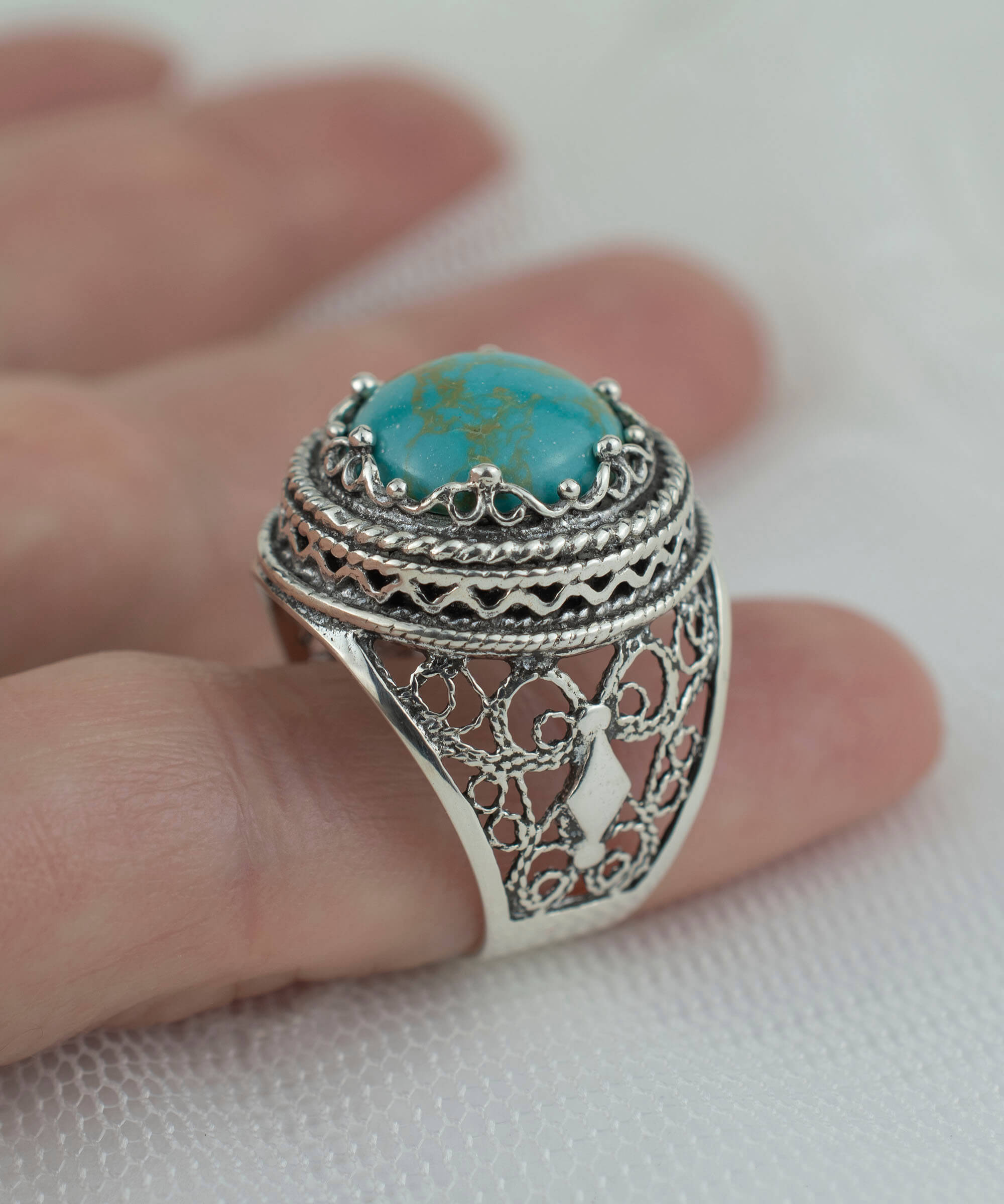 Filigree Art Copper Turquoise Gemstone Women Silver Bold Ring