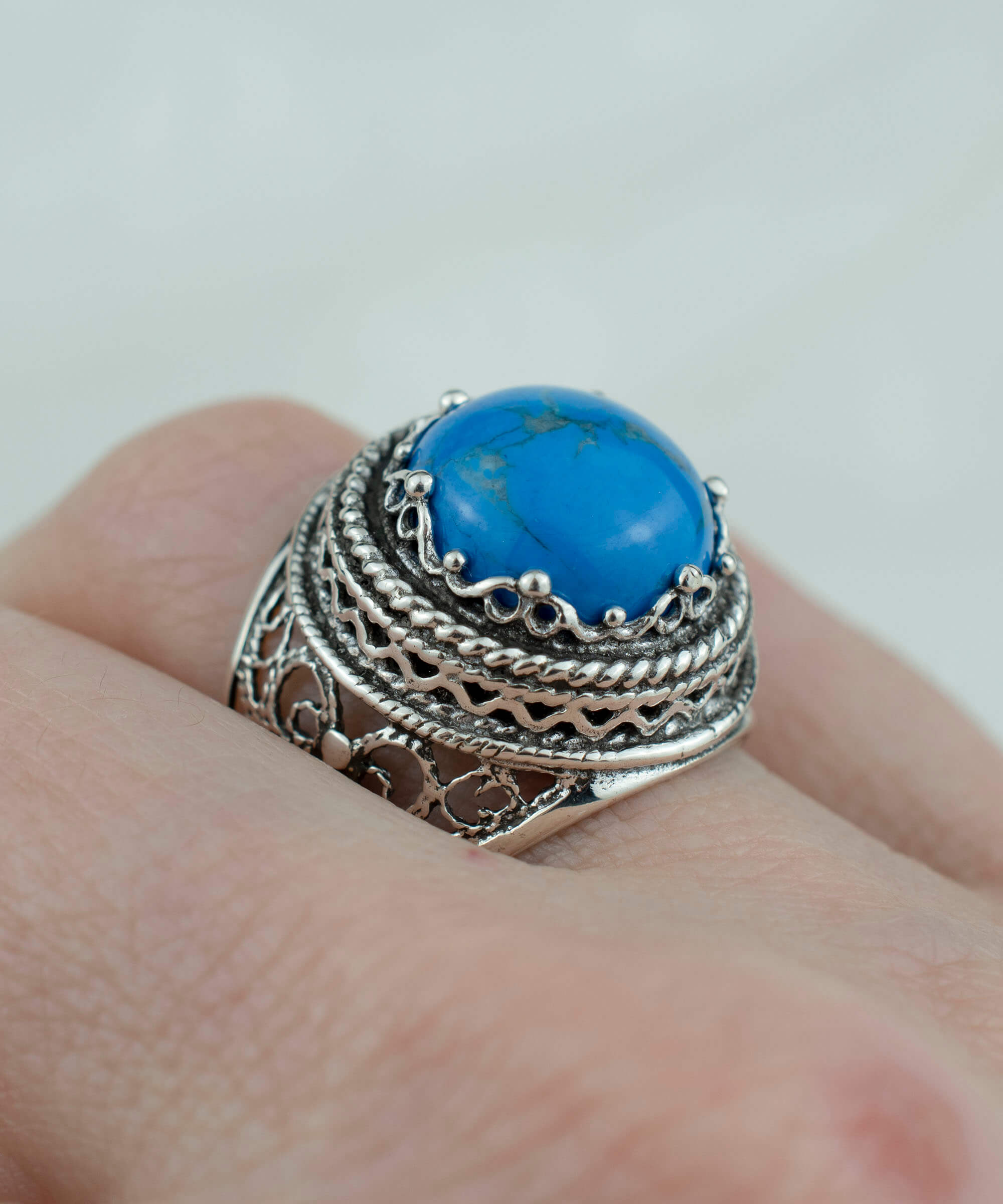 Filigree Art Turquoise Gemstone Women Silver Bold Ring