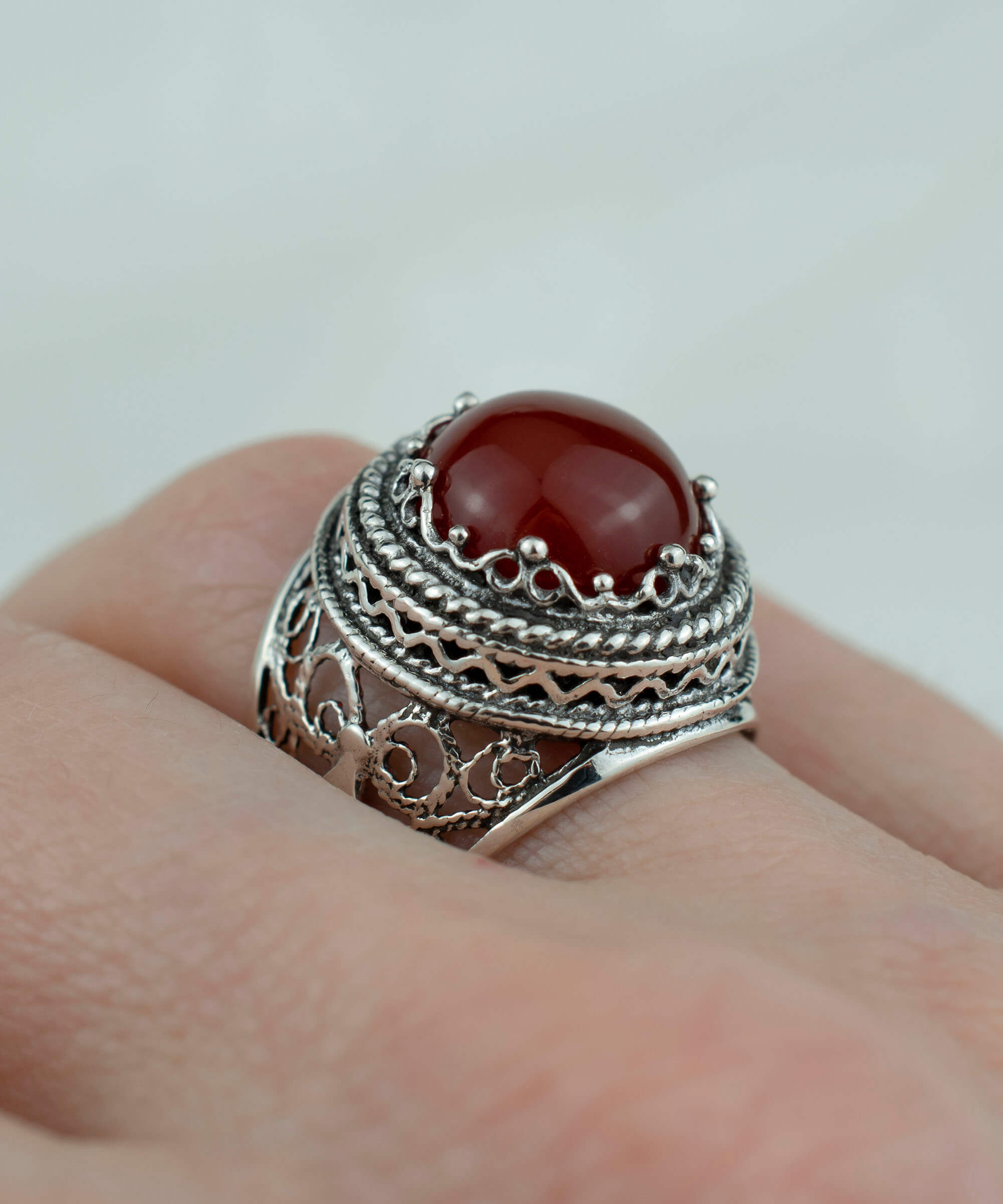 Filigree Art Carnelian Gemstone Women Silver Bold Ring