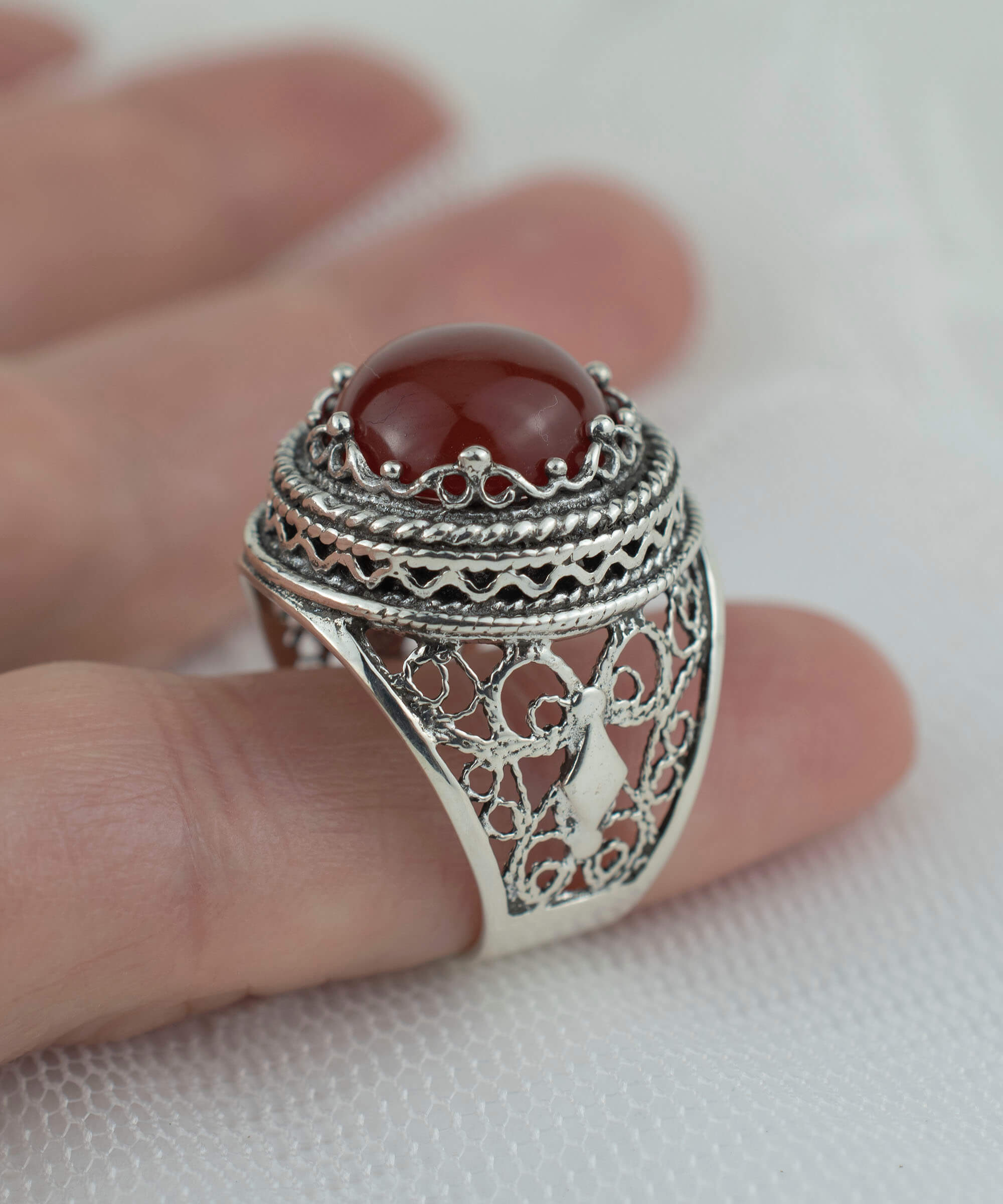 Filigree Art Carnelian Gemstone Women Silver Bold Ring