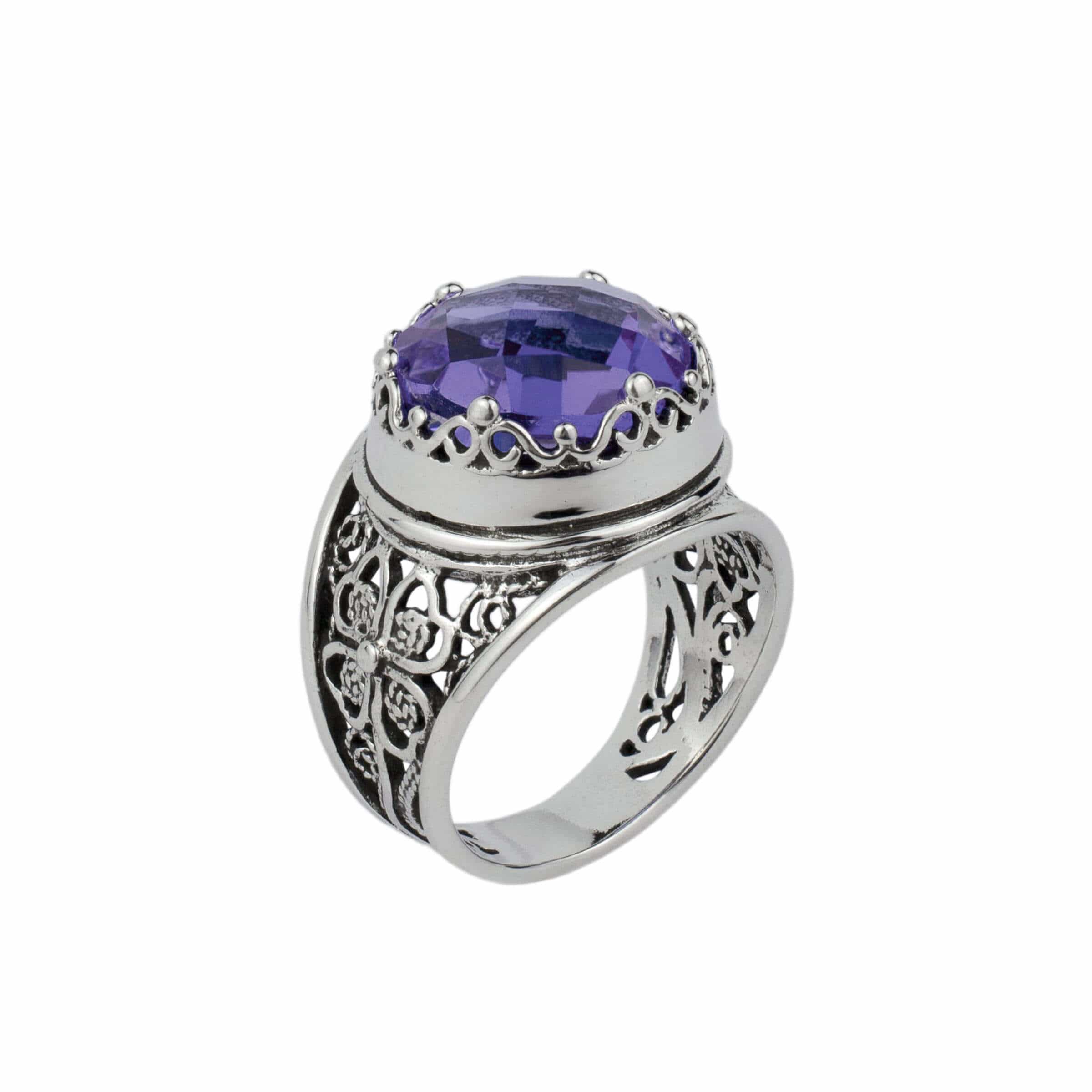 Filigree Art Amethyst Gemstone Women Crown Silver Statement Ring