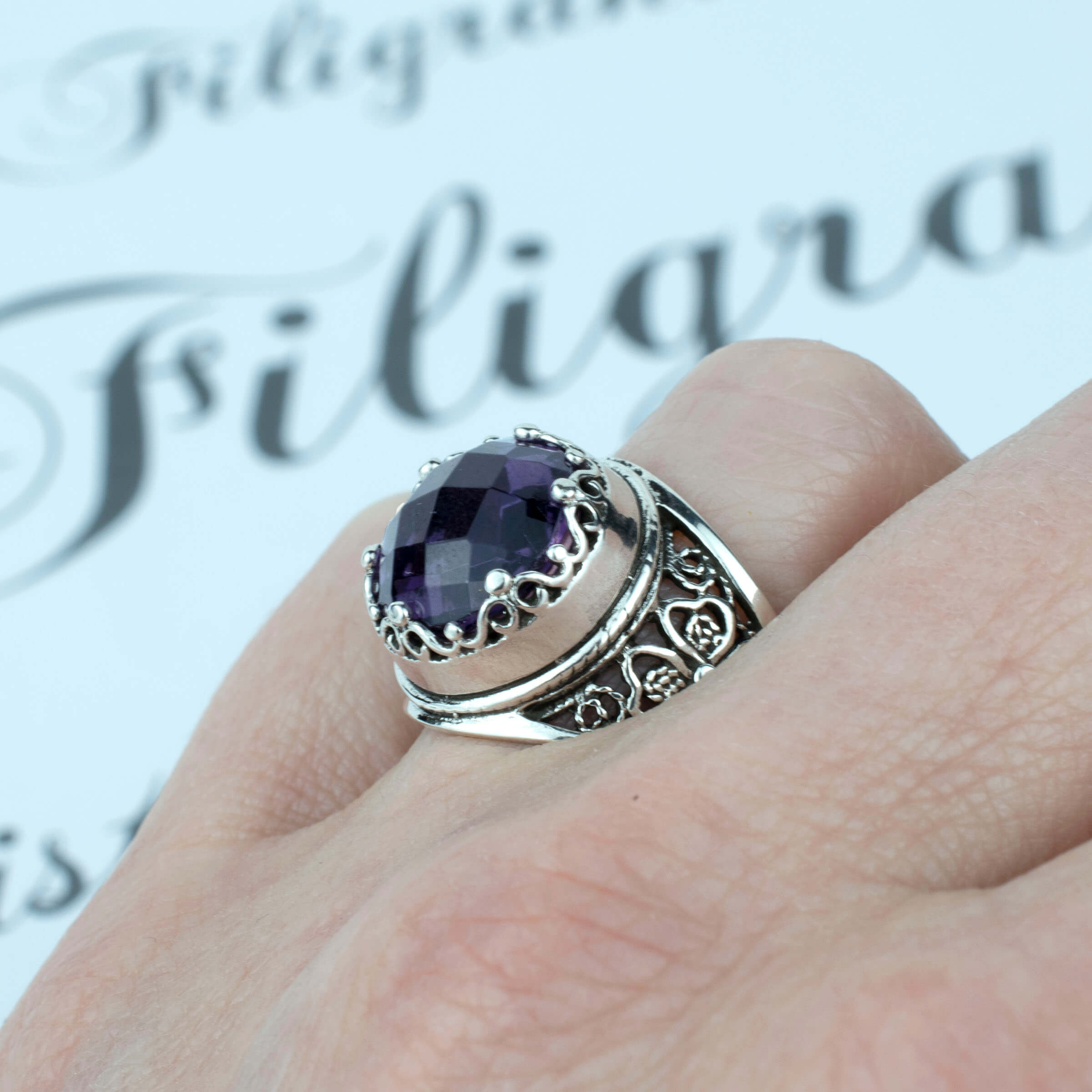 Filigree Art Amethyst Gemstone Women Crown Silver Statement Ring