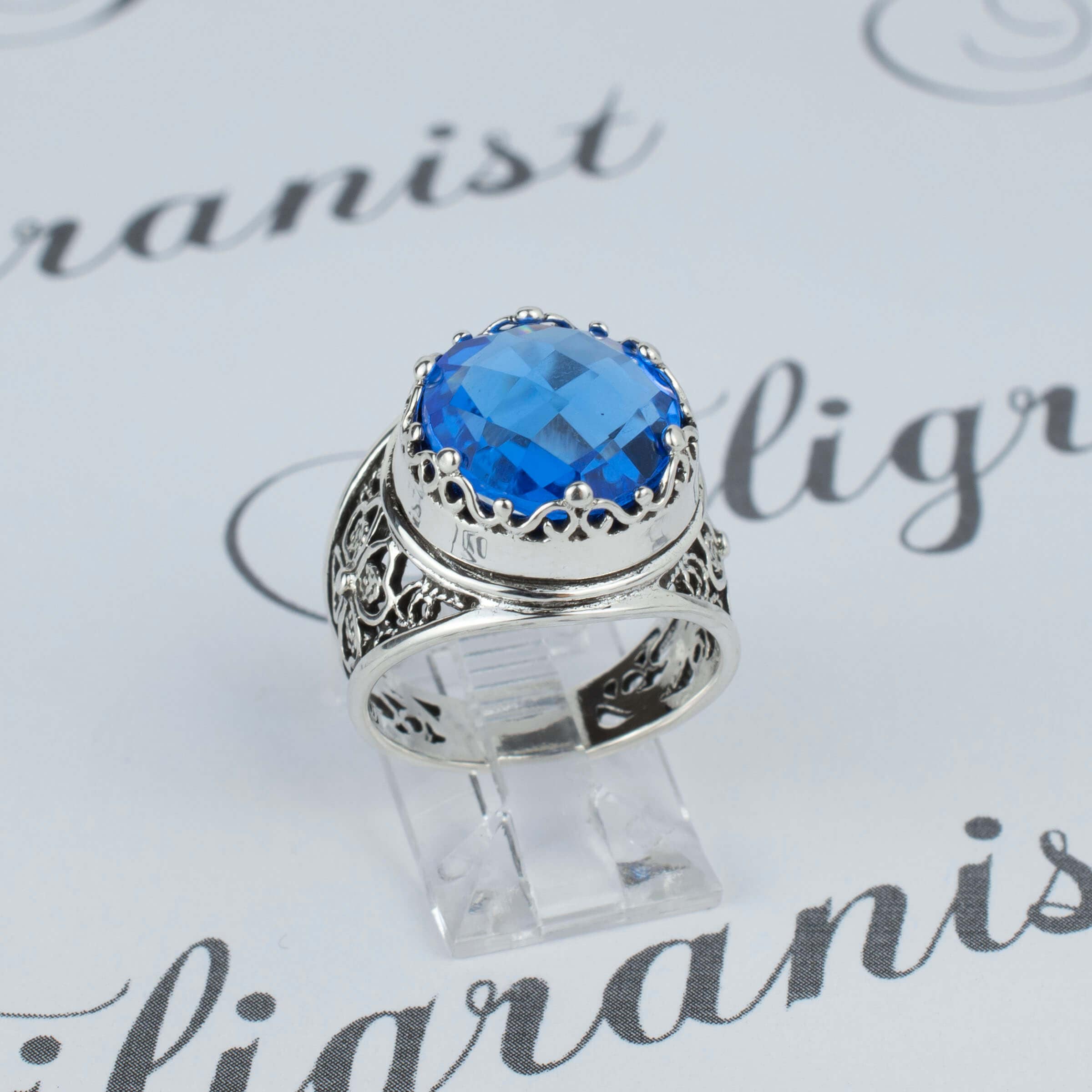 Filigree Art Blue Quartz Gemstone Women Crown Silver Statement Ring