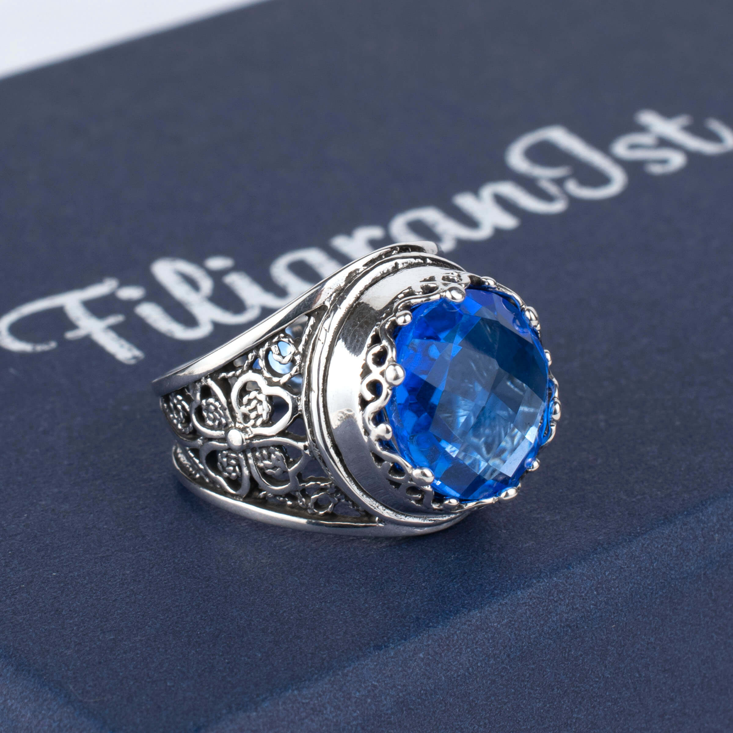 Filigree Art Blue Quartz Gemstone Women Crown Silver Statement Ring