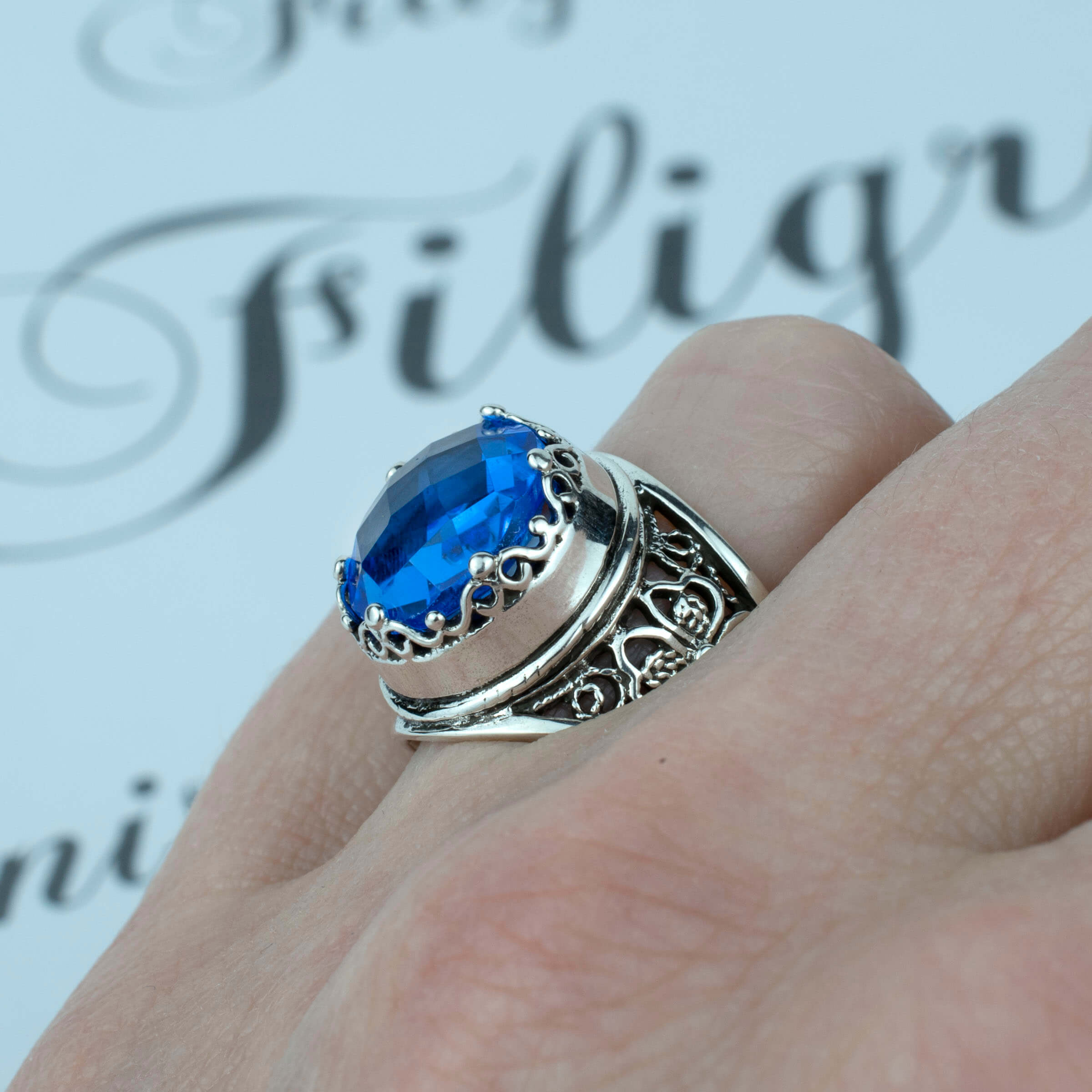 Filigree Art Blue Quartz Gemstone Women Crown Silver Statement Ring