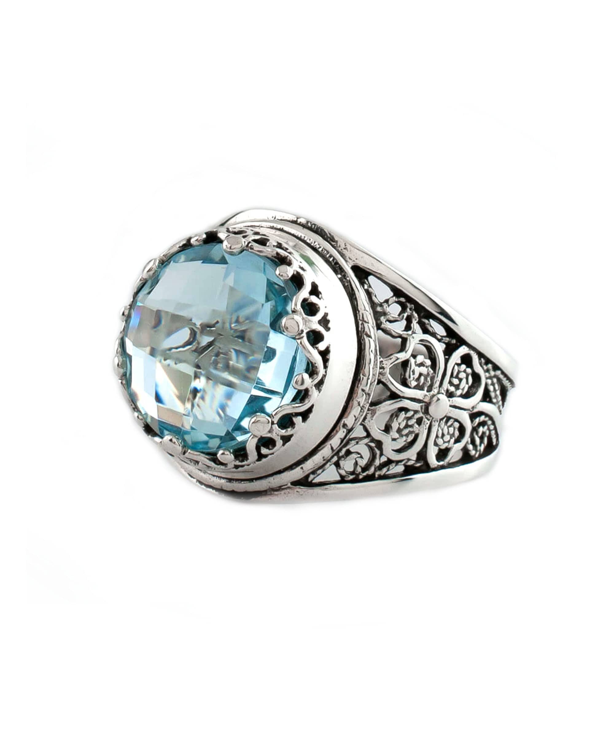 Filigree Art Blue Topaz Gemstone Women Crown Silver Statement Ring