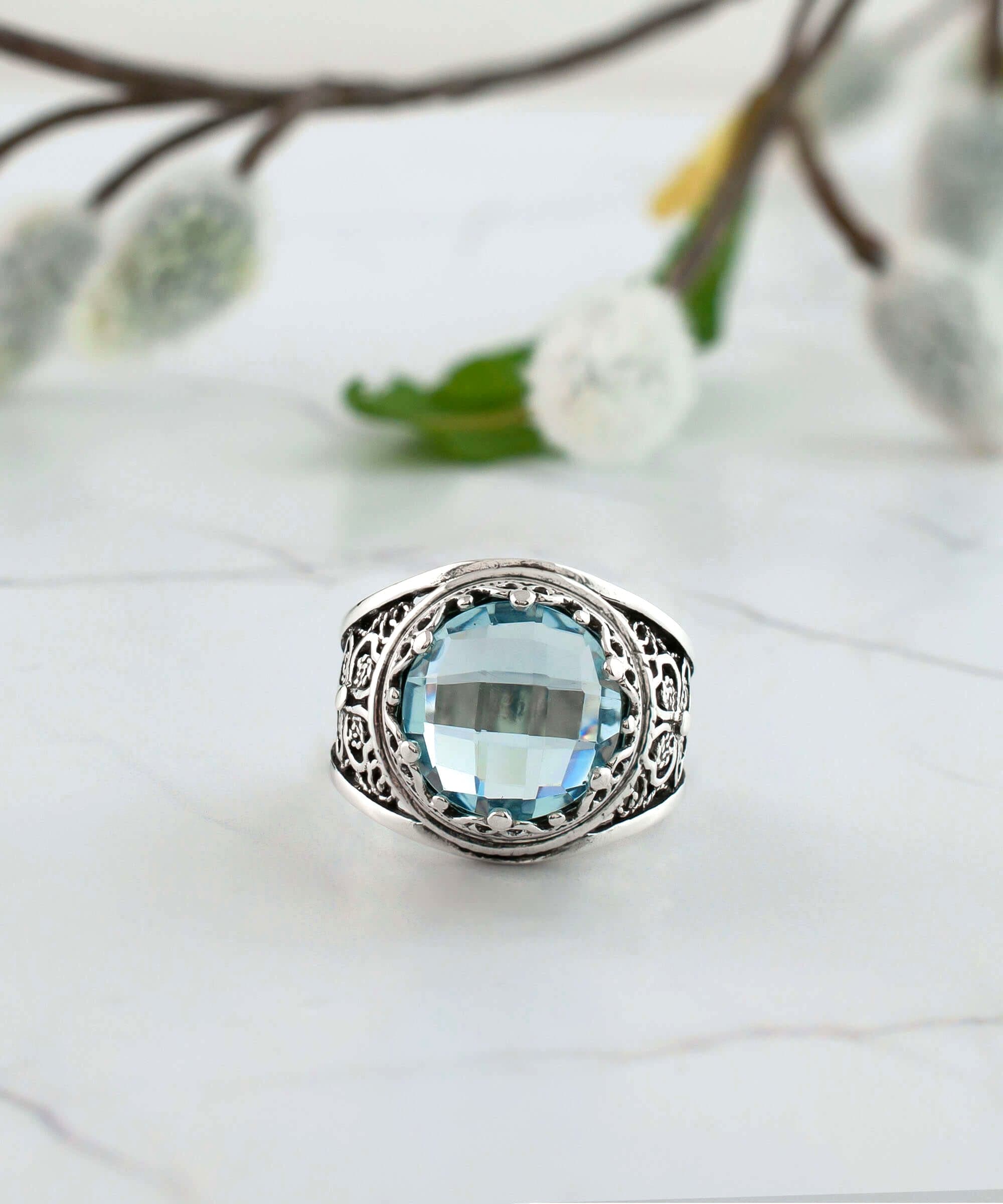 Filigree Art Blue Topaz Gemstone Women Crown Silver Statement Ring