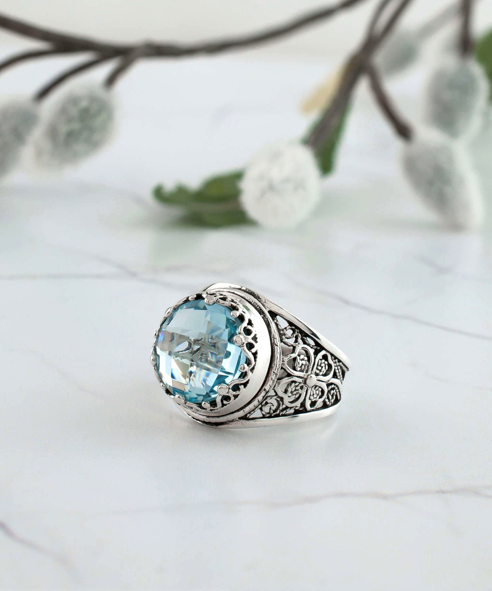 Filigree Art Blue Topaz Gemstone Women Crown Silver Statement Ring