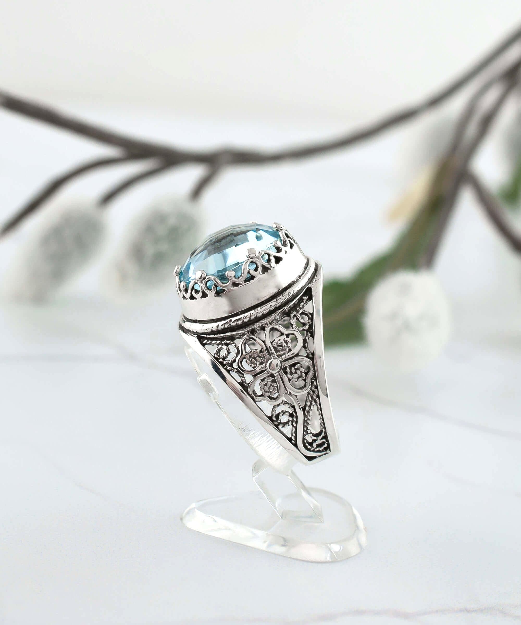 Filigree Art Blue Topaz Gemstone Women Crown Silver Statement Ring