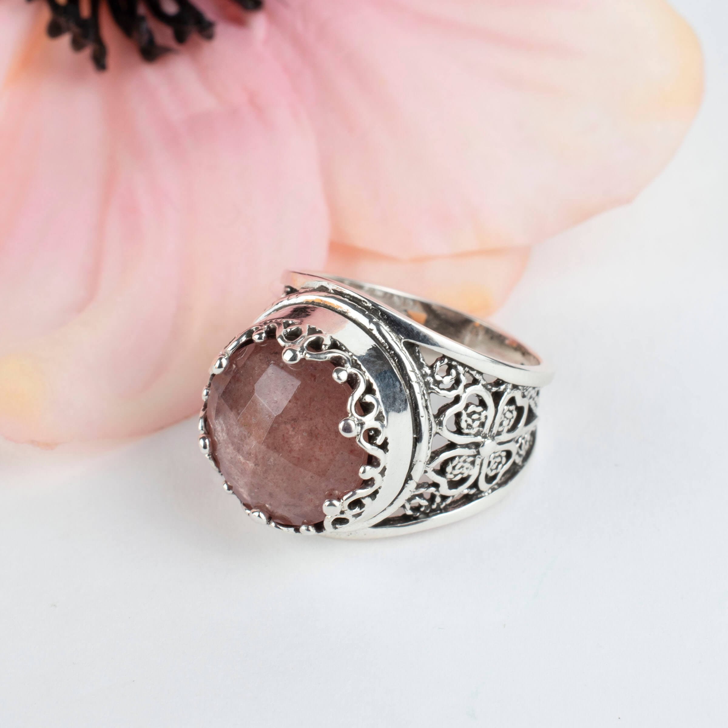 Filigree Art Cherry Quartz Gemstone Women Crown Silver Statement Ring